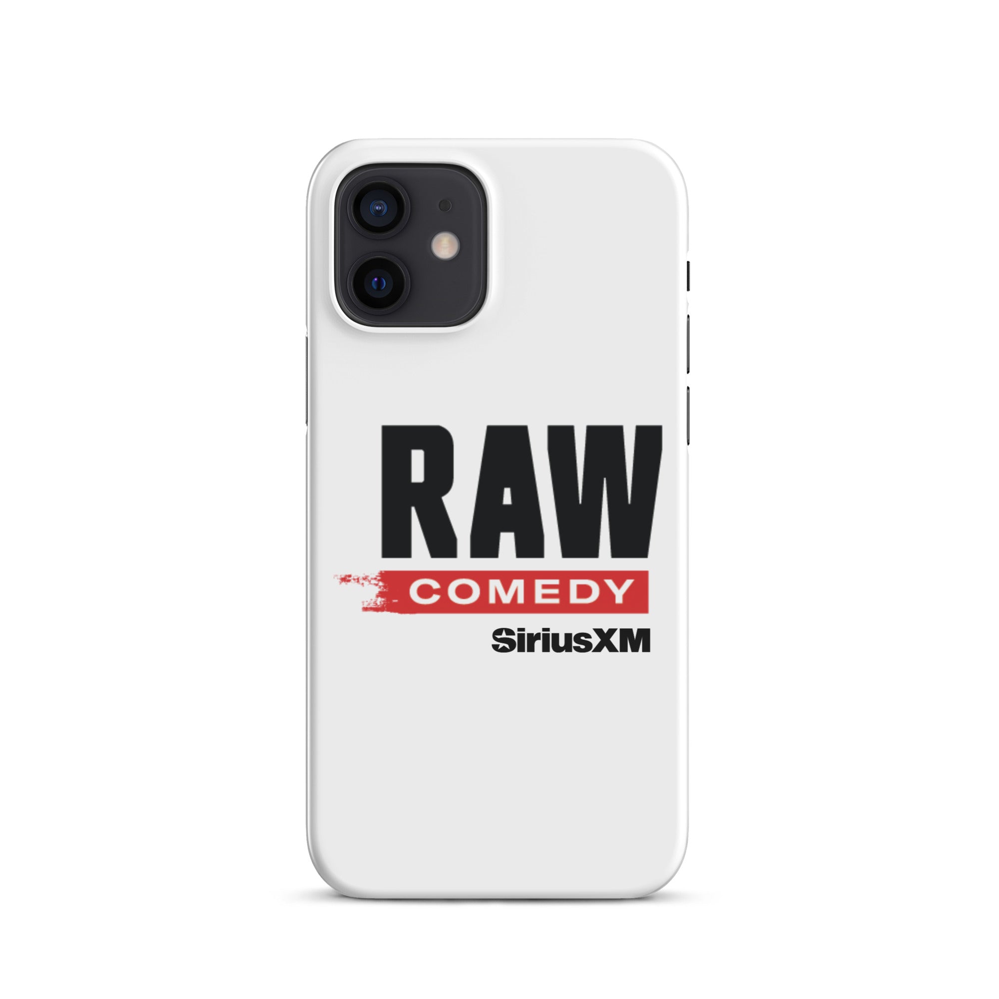 White phone case featuring the text 'RAW COMEDY' and the 'SiriusXM' logo.