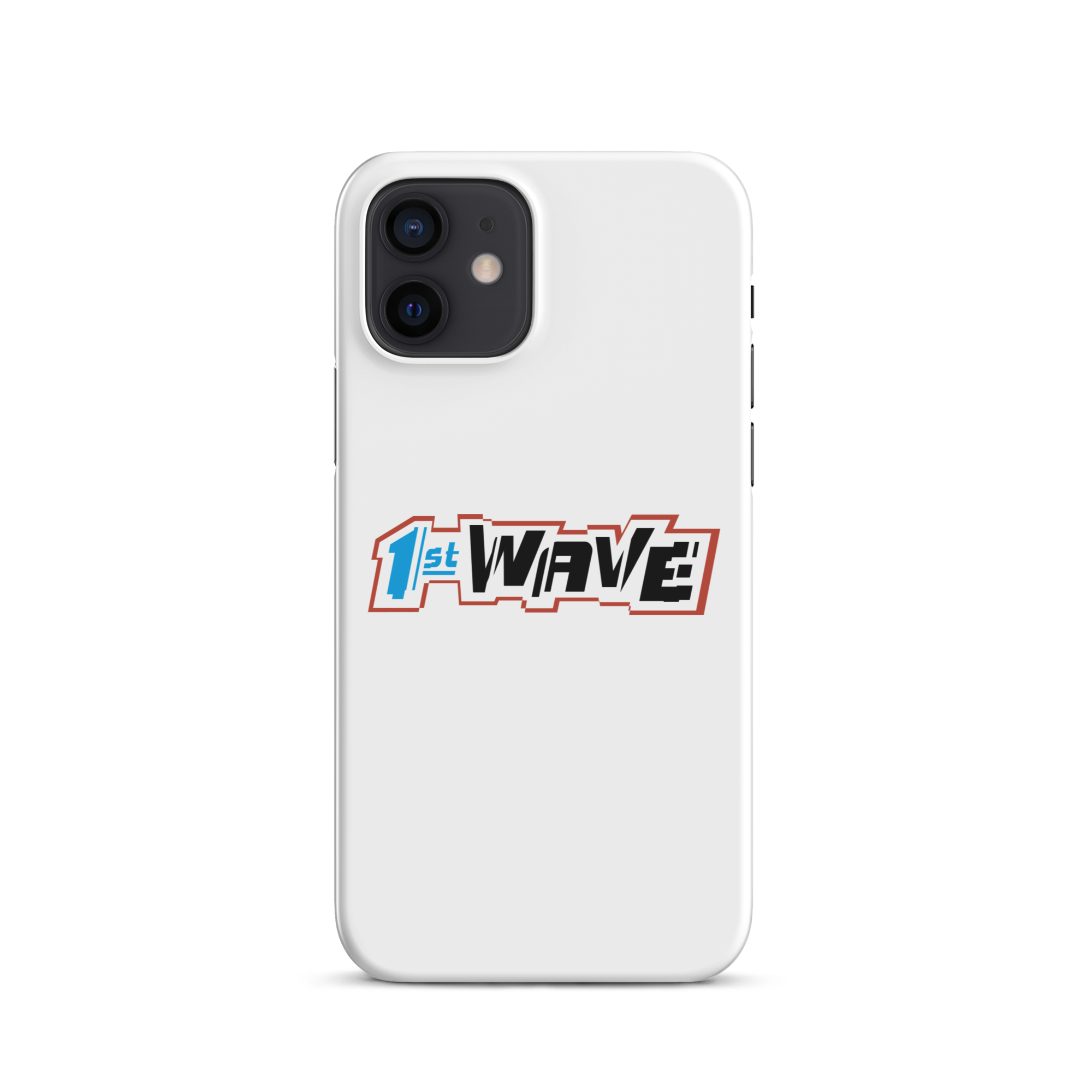 White phone case featuring the text '1st WAVE' in bold, colorful typography on a black background.