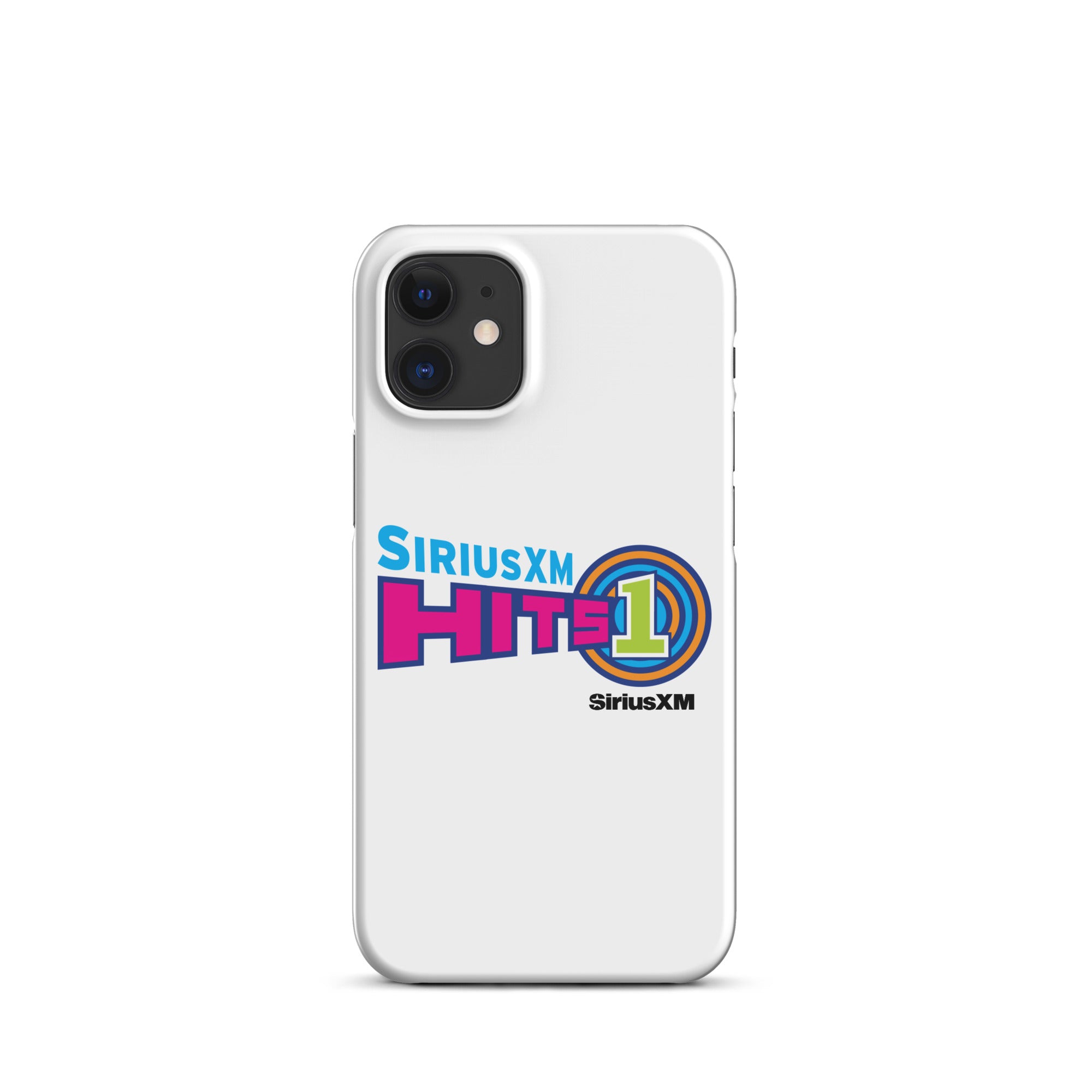 White phone case featuring the 'SiriusXM Hits 1' logo in vibrant colors and 'SiriusXM' branding underneath.