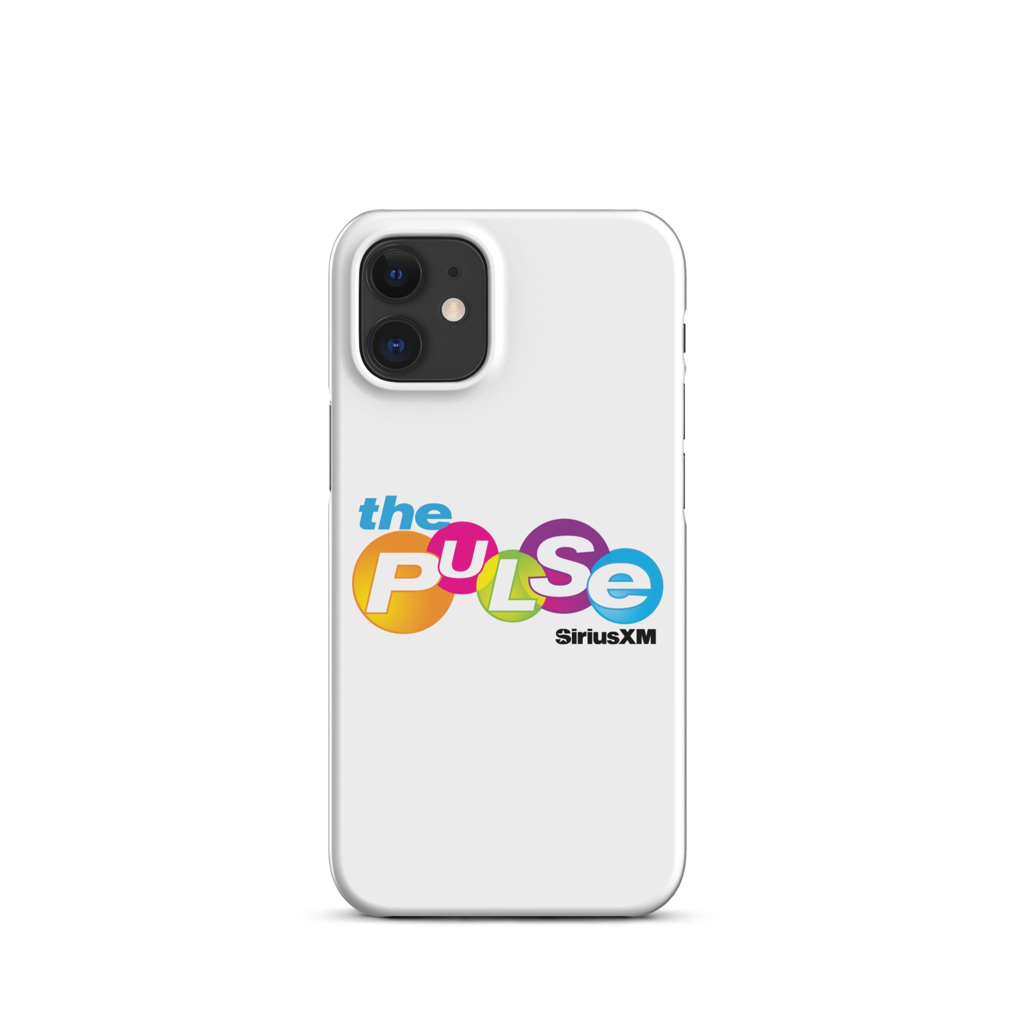 A white phone case featuring 'the PULSE' logo with vibrant colors and 'SiriusXM' branding.