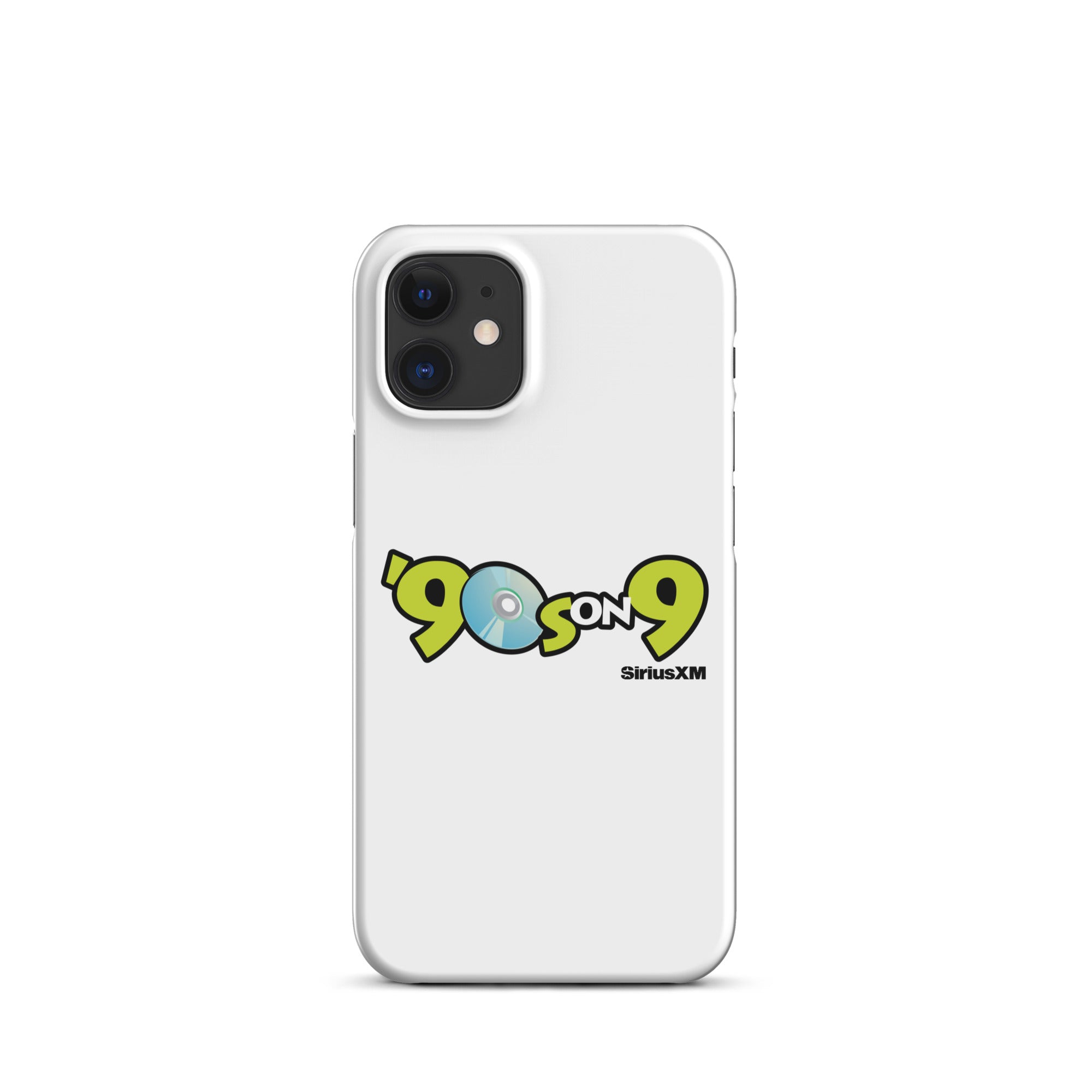 White phone case featuring the '90s on 9' logo with CD graphic and 'SiriusXM' branding.