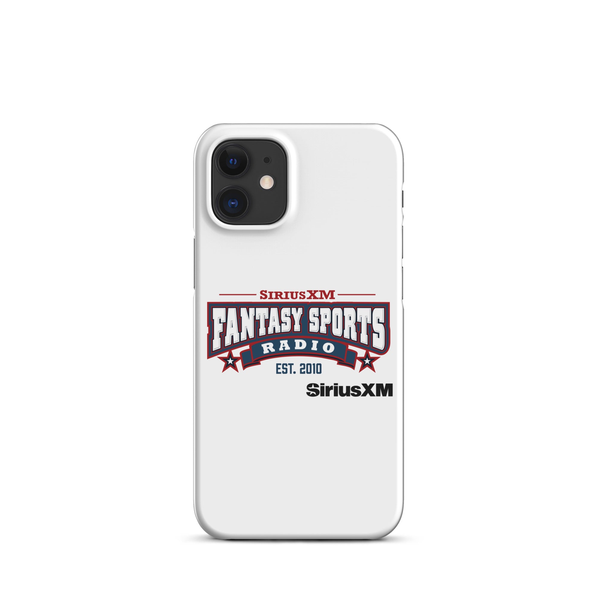 White phone case featuring the 'SiriusXM Fantasy Sports Radio Established 2010' logo with stars, banners and black 'SiriusXM' branding underneath.