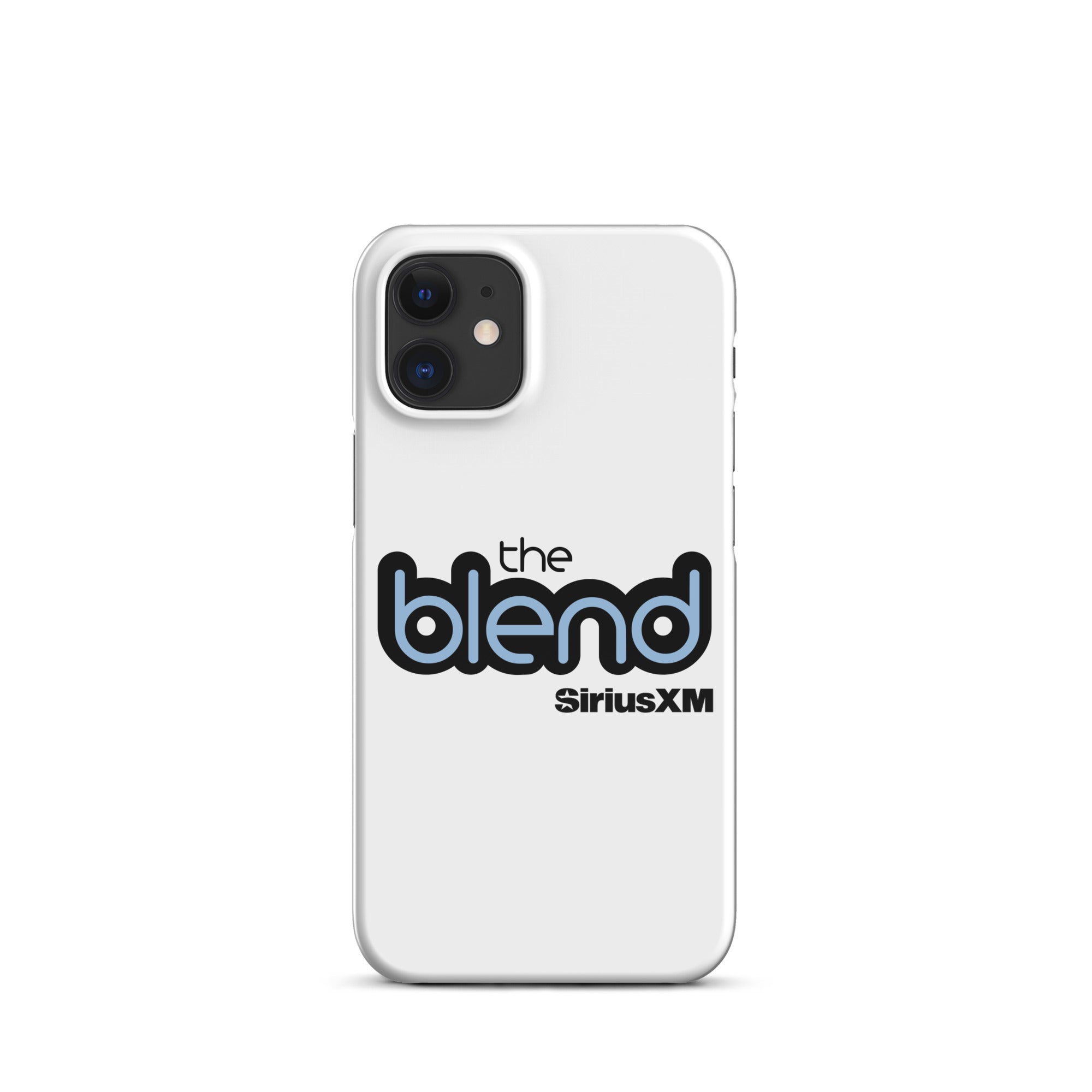 White phone case featuring the logo 'the blend' in black and blue and the 'SiriusXM' logo.