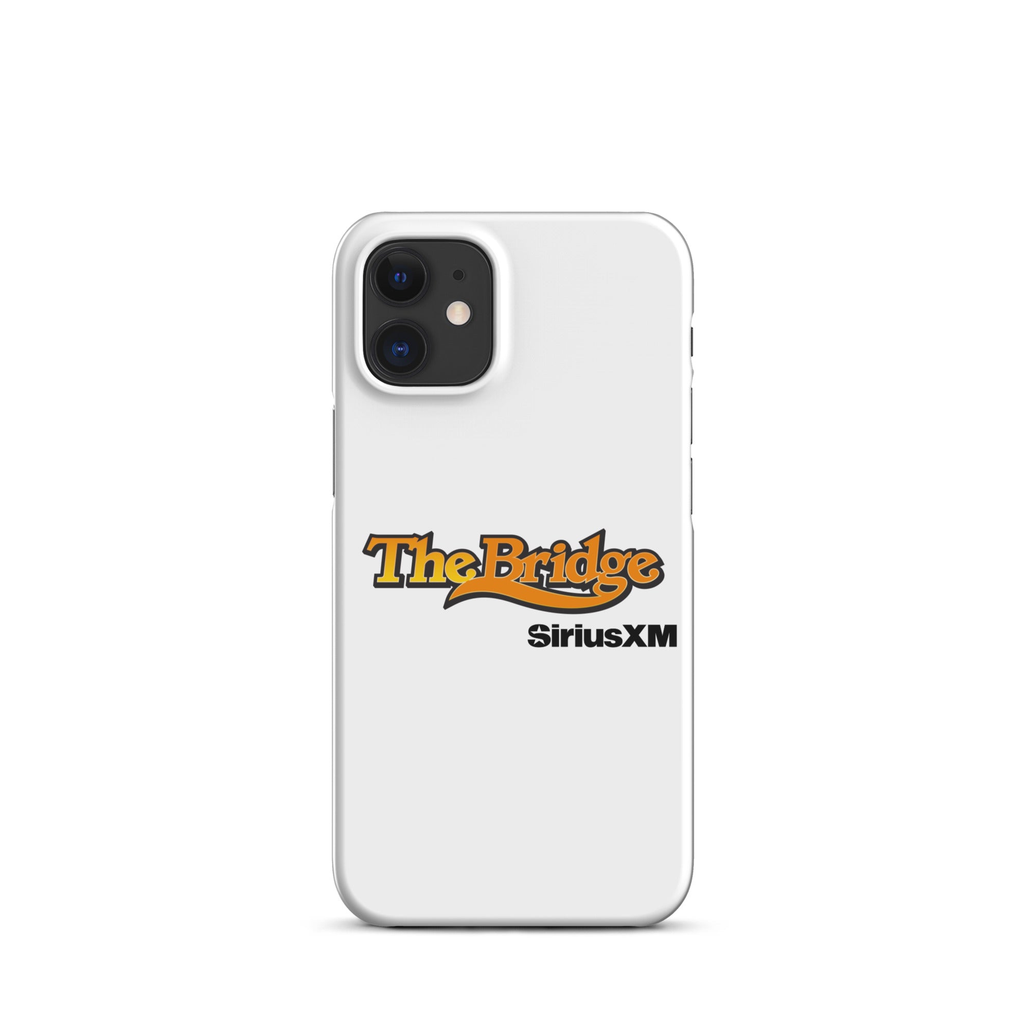 White phone case featuring the logos for 'The Bridge' and 'SiriusXM.'