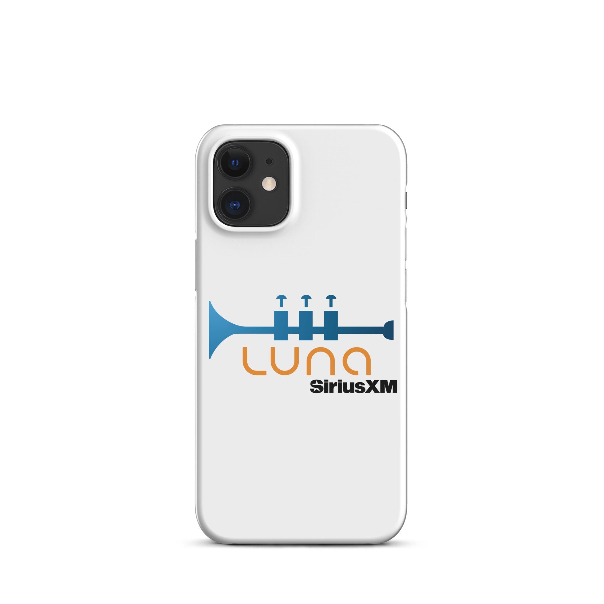 White phone case featuring a blue trumpet graphic in the orange 'LUNA' logo and 'SiriusXM' branding.