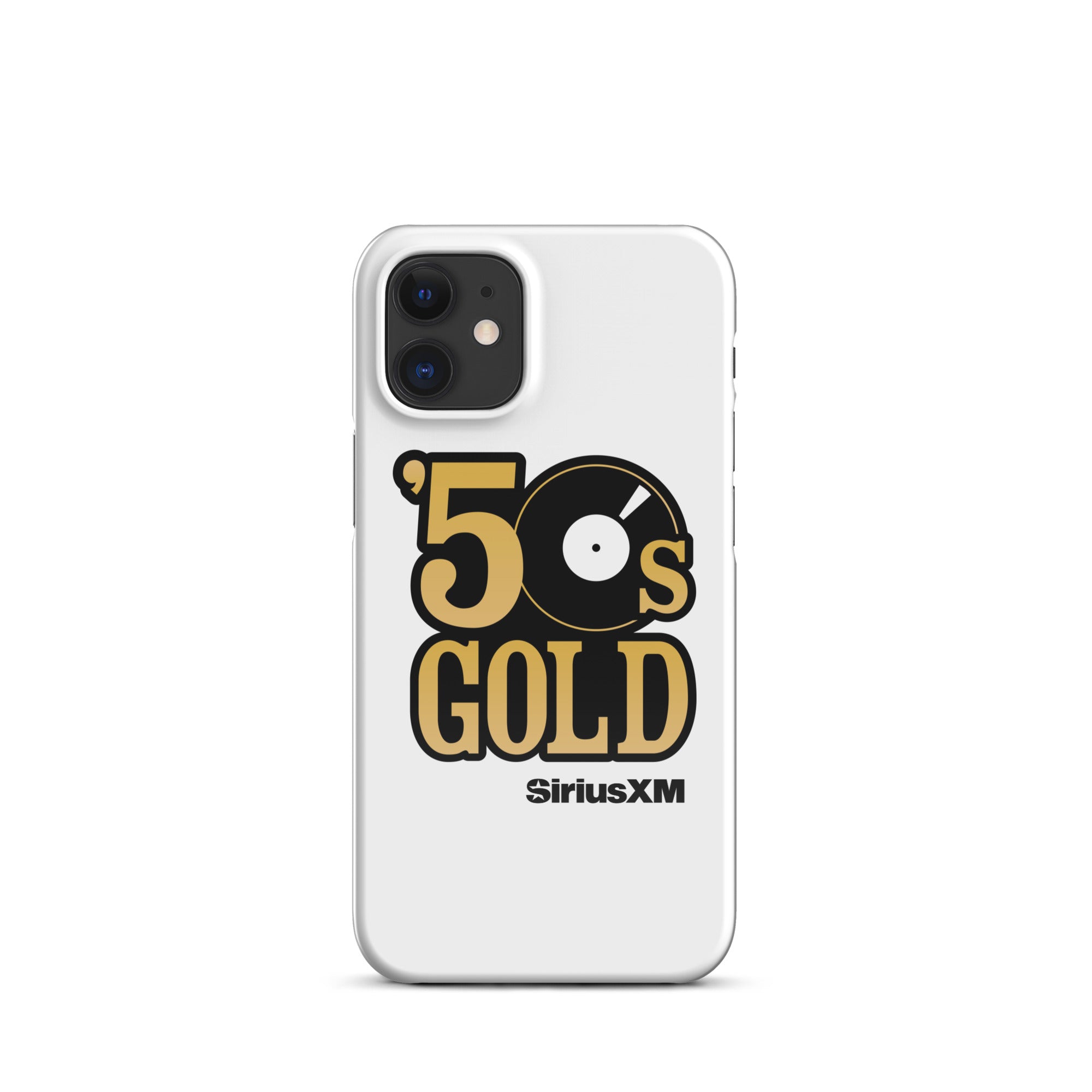 White phone case featuring '50s GOLD' logo with a record icon and 'SiriusXM' branding.