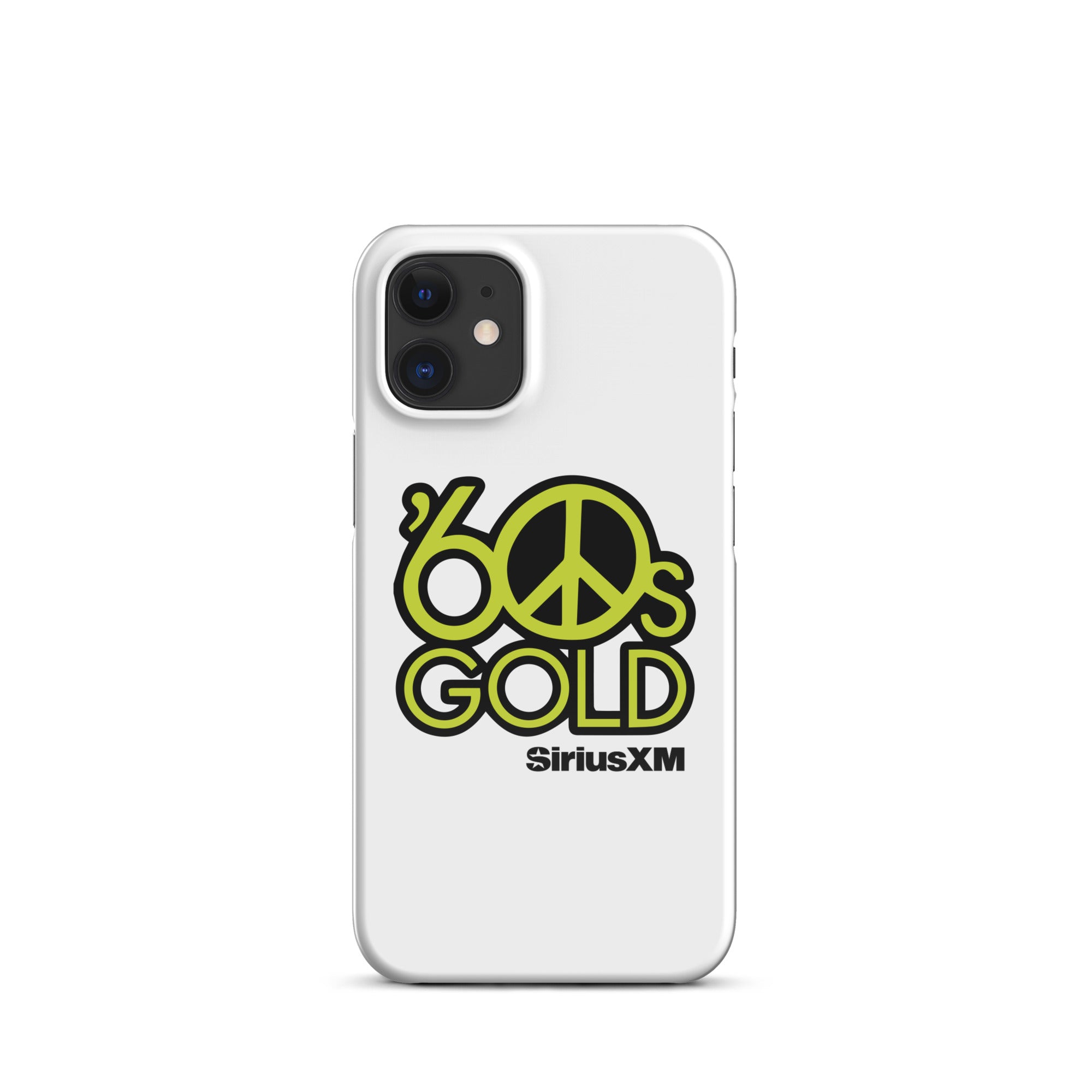 White phone case featuring '60s Gold' logo and peace sign in green, with 'SiriusXM' branding.