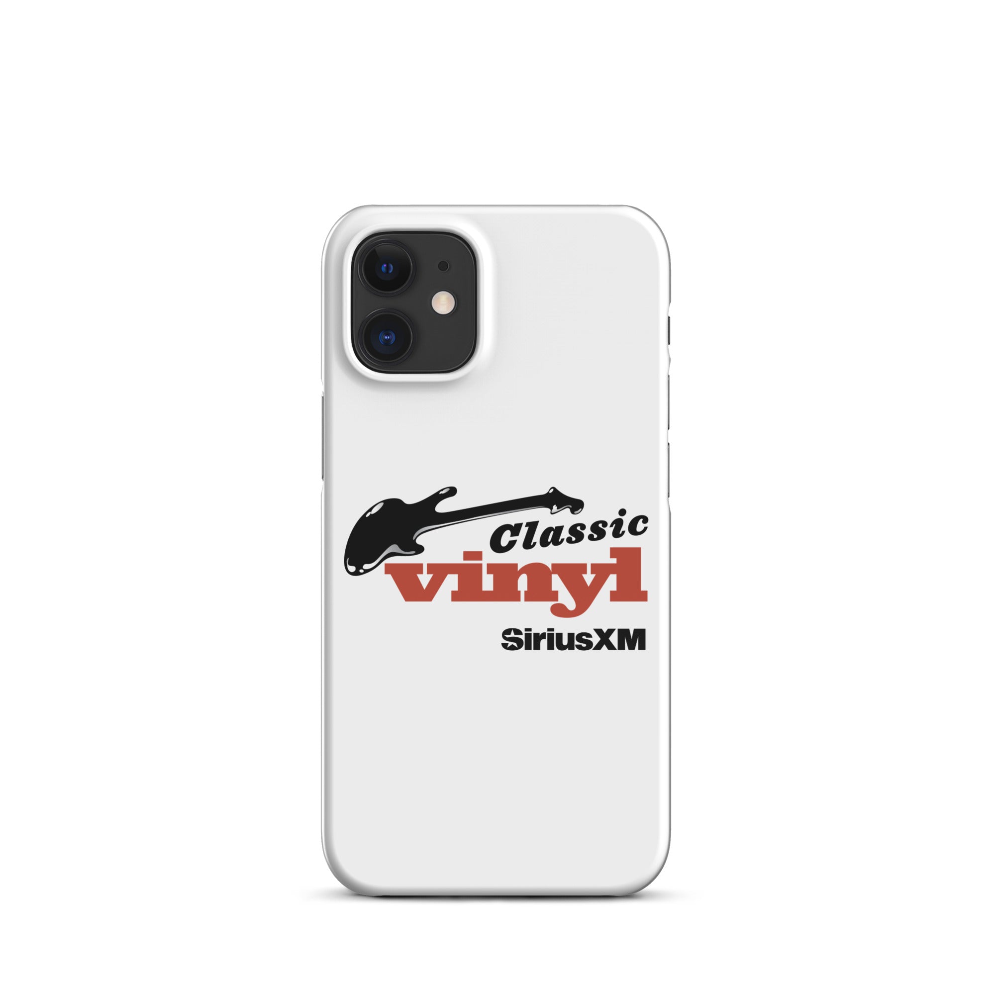 White phone case featuring 'Classic Vinyl' logo and guitar design with 'SiriusXM' branding.