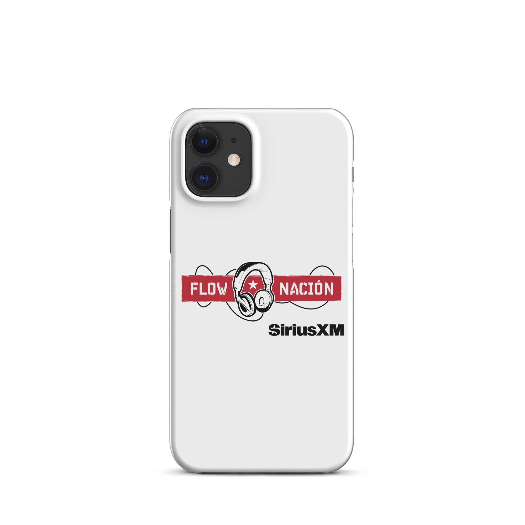 White phone case featuring 'FLOW NACION' with headphones logo and 'SiriusXM' branding.