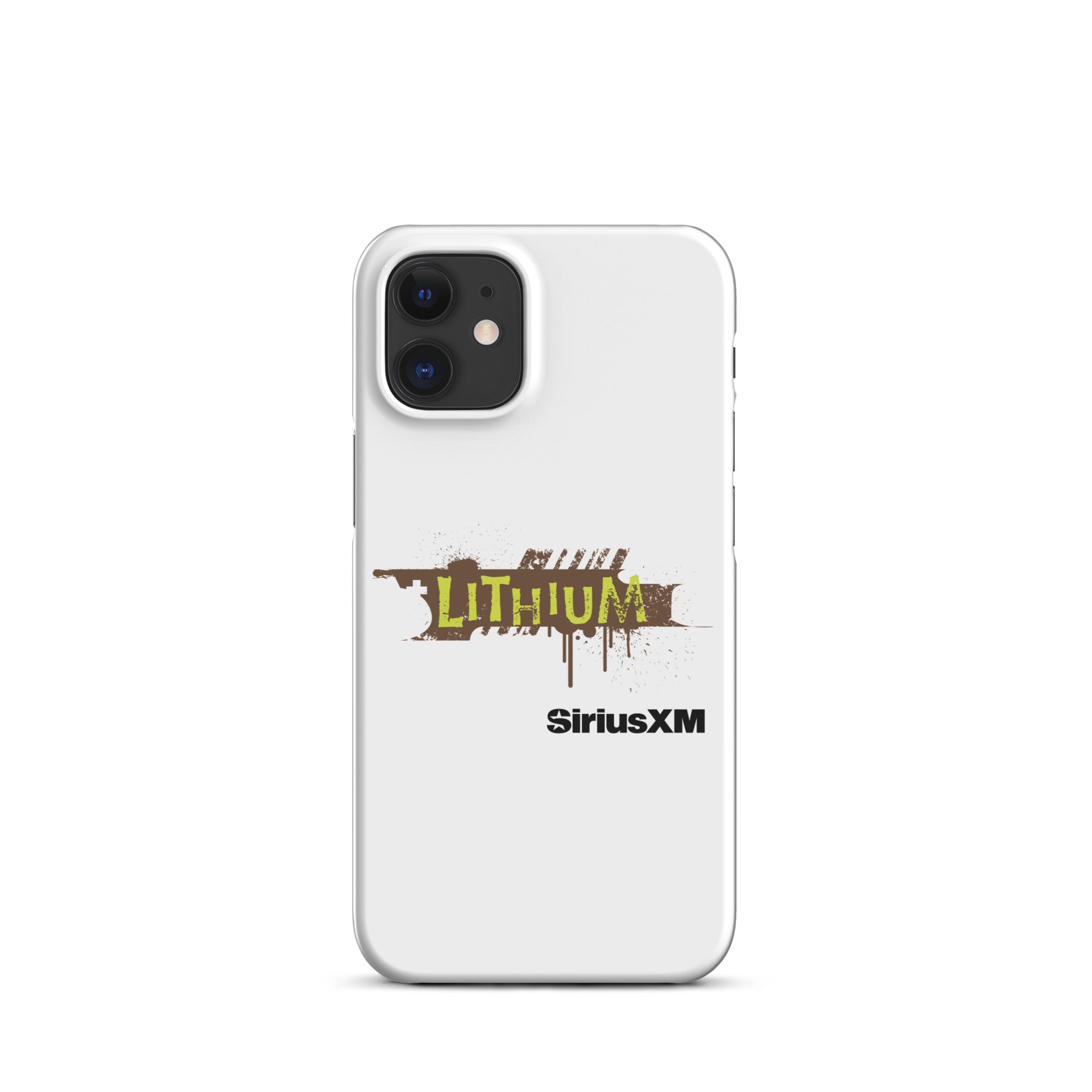 A white phone case featuring the 'LITHIUM' logo in green and brown, with 'SiriusXM' below it.