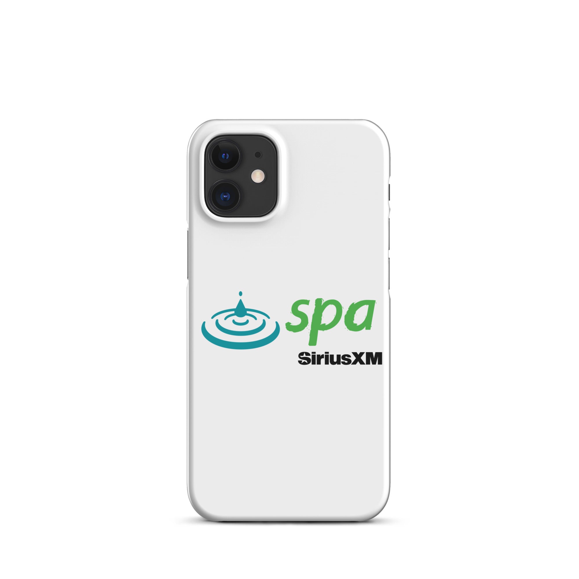 A white phone case featuring the 'spa' logo with a water droplet and ripple design and 'SiriusXM' branding underneath.