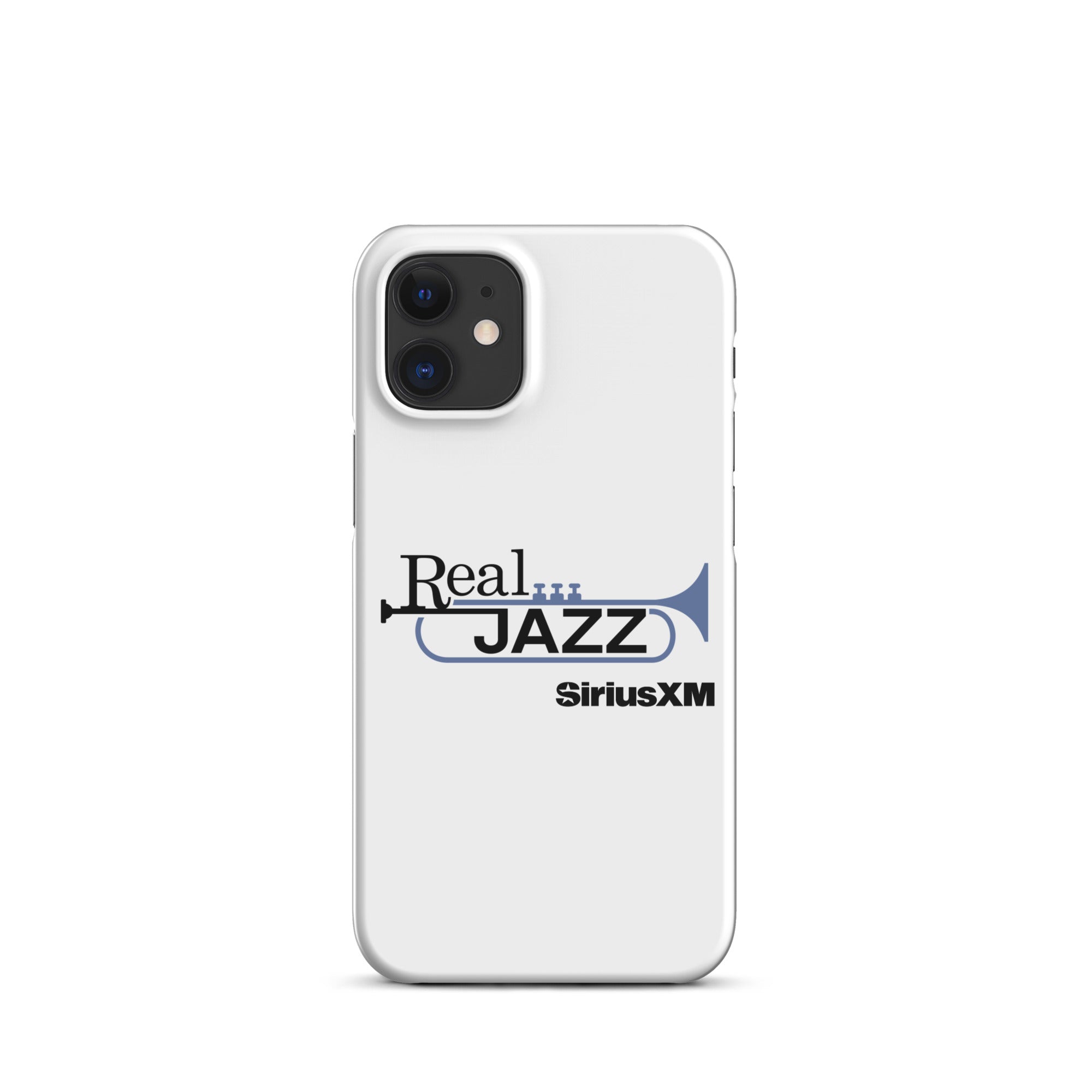 White phone case with 'Real Jazz' text and trumpet logo, featuring 'SiriusXM' branding.