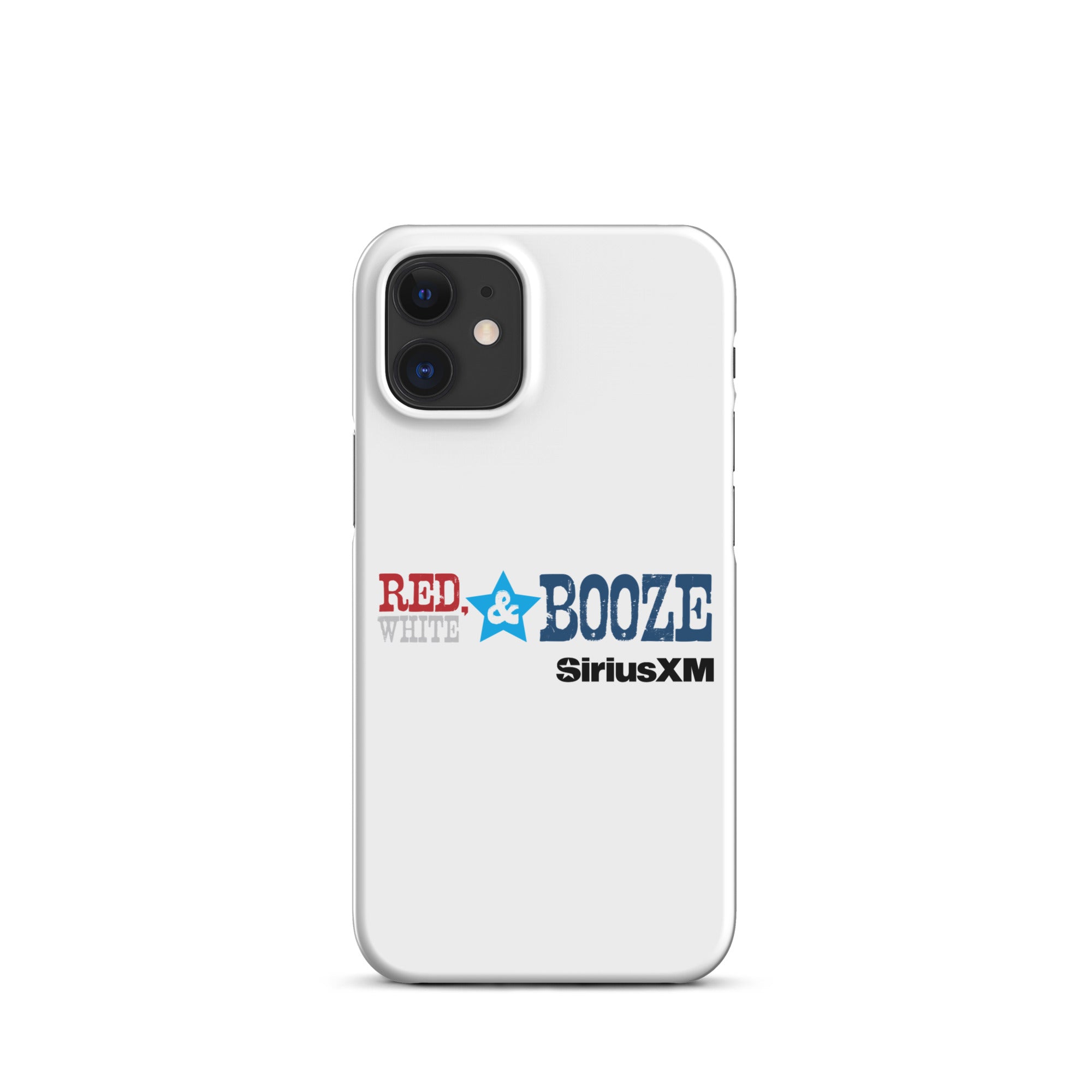 White phone case design with 'RED, WHITE & BOOZE' and 'SiriusXM' logos in red, blue, and black.