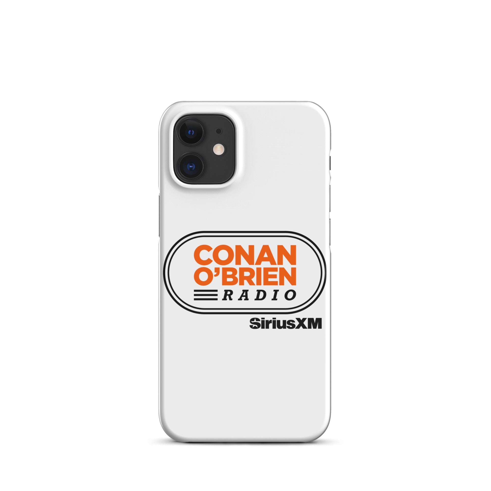 White phone case featuring 'Conan O'Brien Radio' logo and 'SiriusXM' branding.