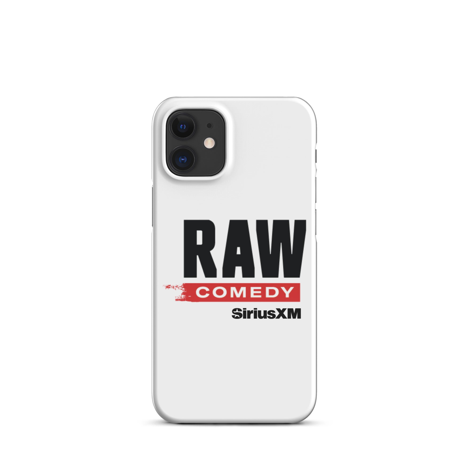 White phone case featuring the text 'RAW COMEDY' and the 'SiriusXM' logo.