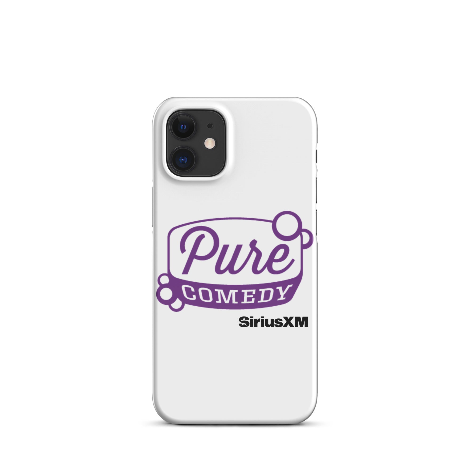 White phone case featuring 'Pure Comedy' in purple and 'SiriusXM' logo.