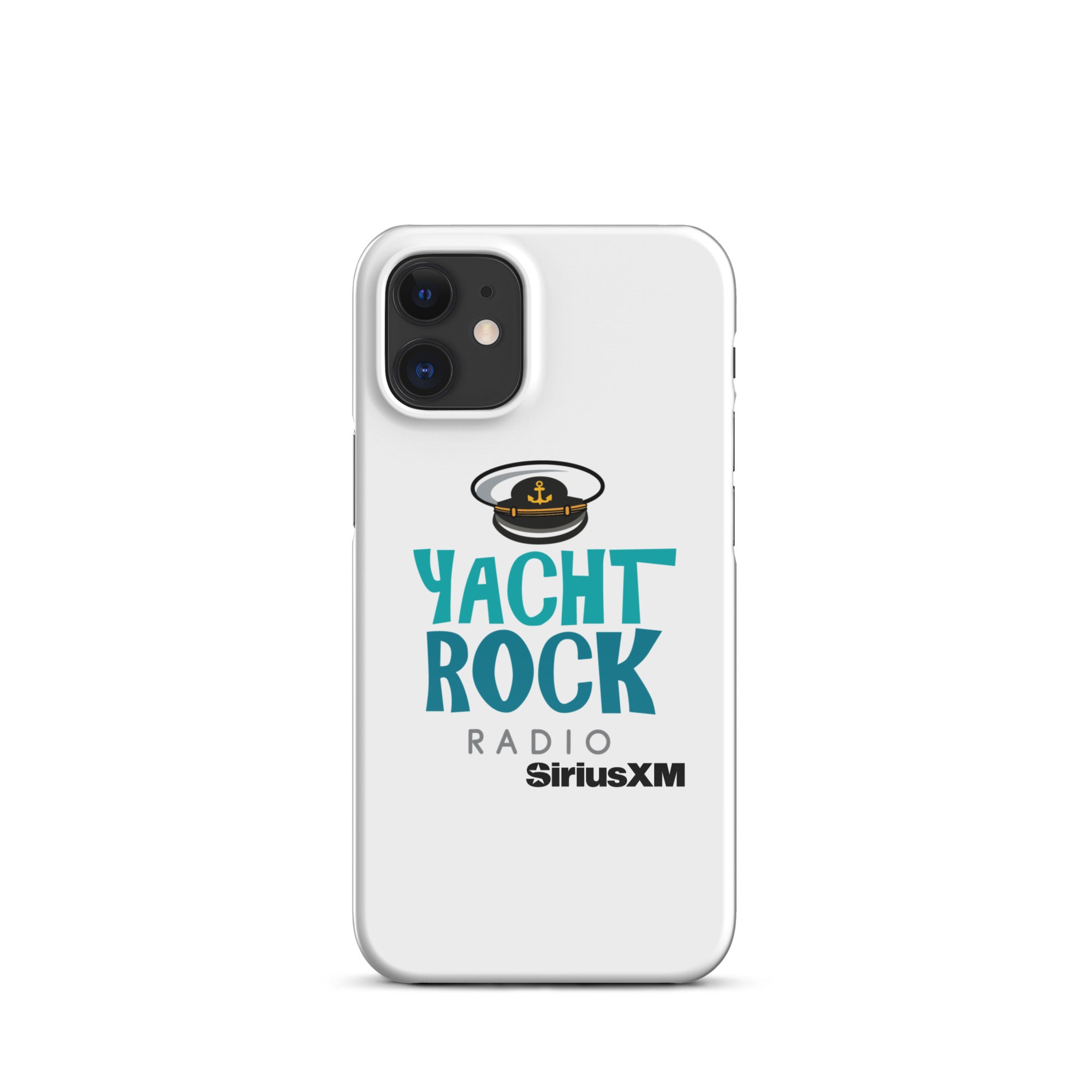 White phone case featuring 'Yacht Rock Radio' logo with a captain's hat and 'SiriusXM' branding.