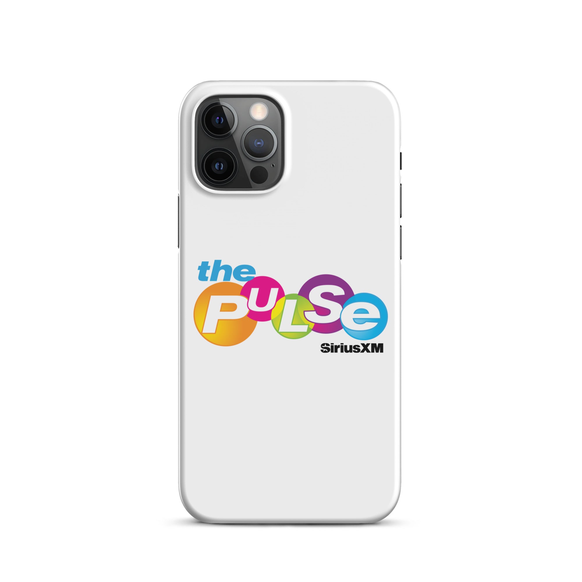 A white phone case featuring 'the PULSE' logo with vibrant colors and 'SiriusXM' branding.