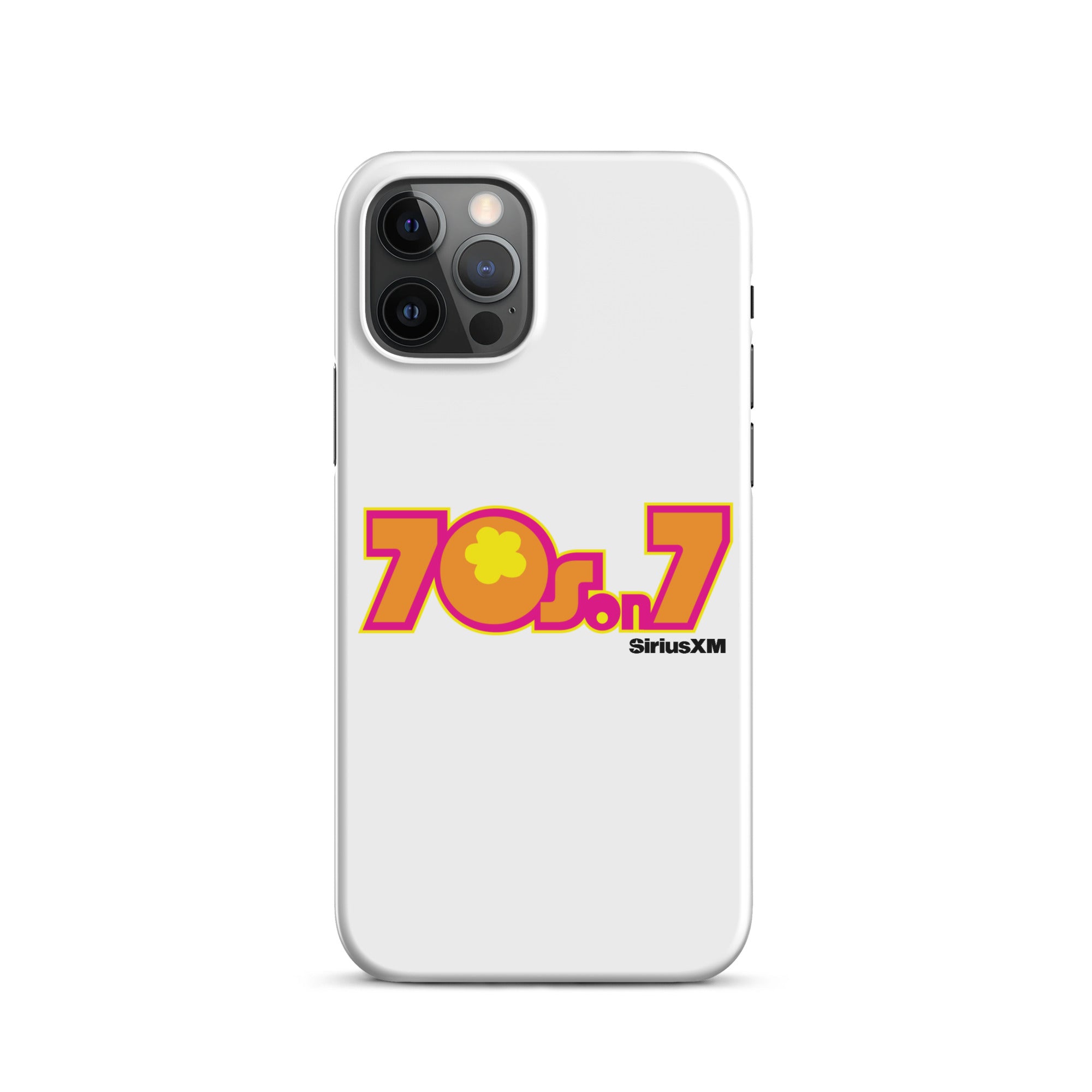 A white phone case featuring a colorful '70s on 7' logo with a flower and the 'SiriusXM' branding.