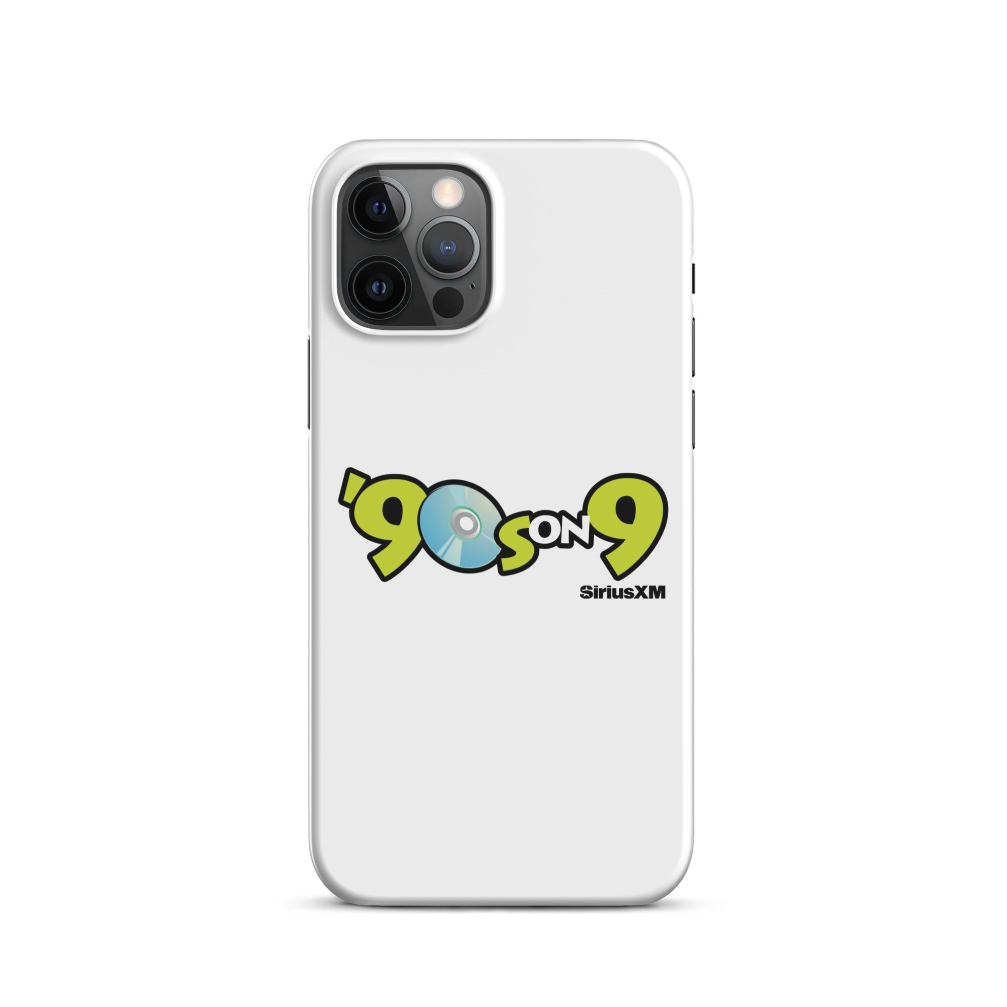 White phone case featuring the '90s on 9' logo with CD graphic and 'SiriusXM' branding.