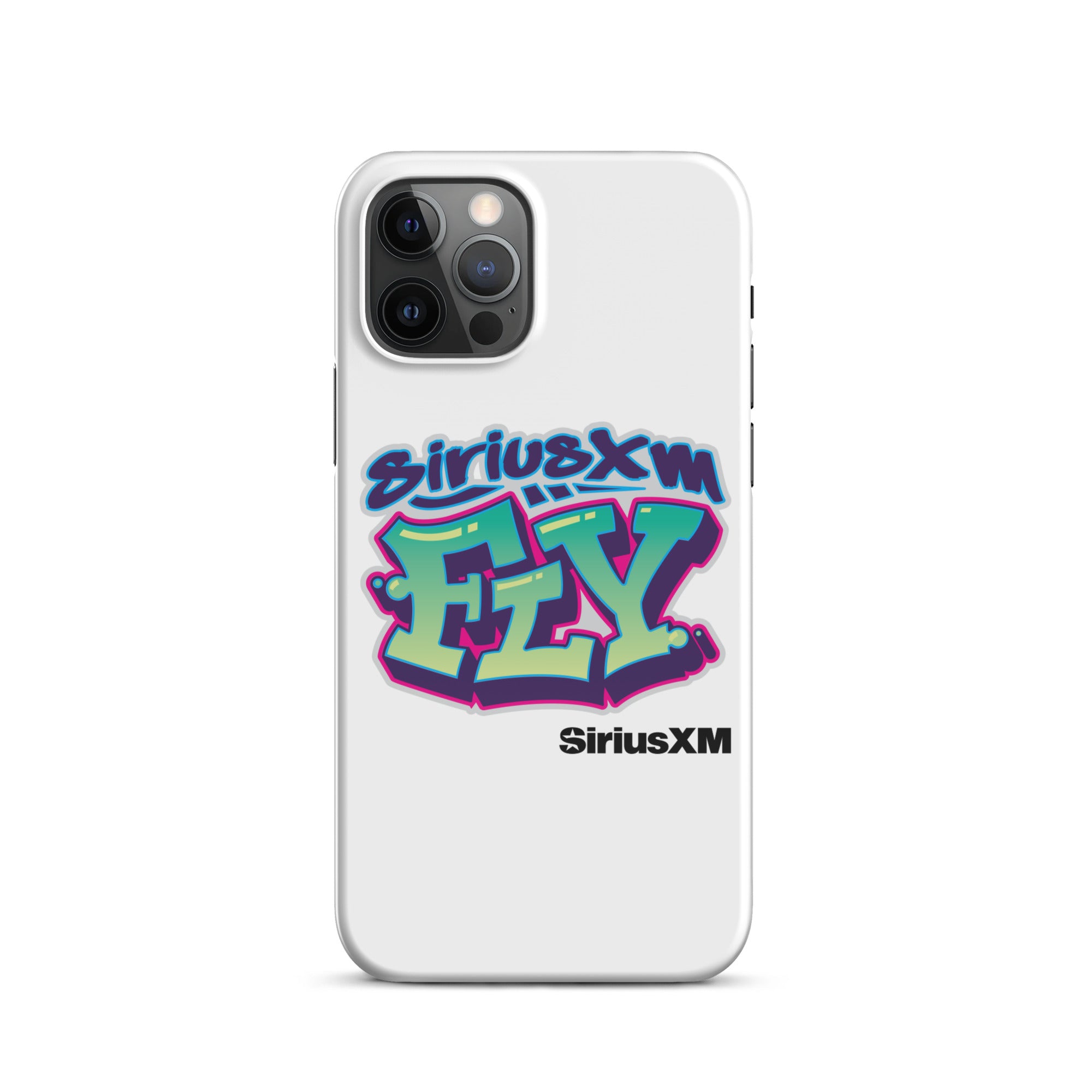 White phone case featuring colorful graffiti-style text: 'SiriusXM FLY' with 'SiriusXM' branding below.