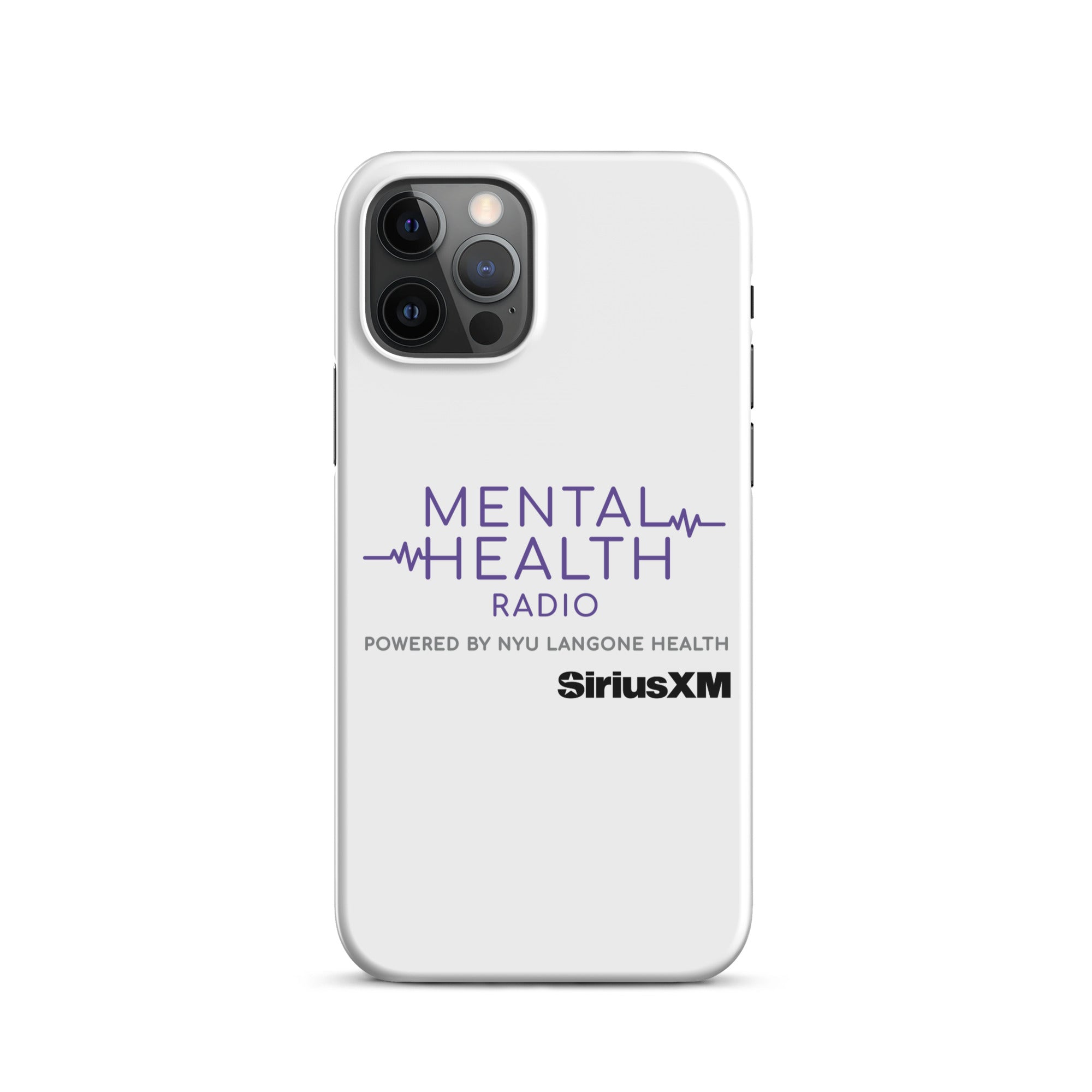 White phone case featuring 'Mental Health Radio powered by NYU Langone Health' logo and 'SiriusXM' branding.