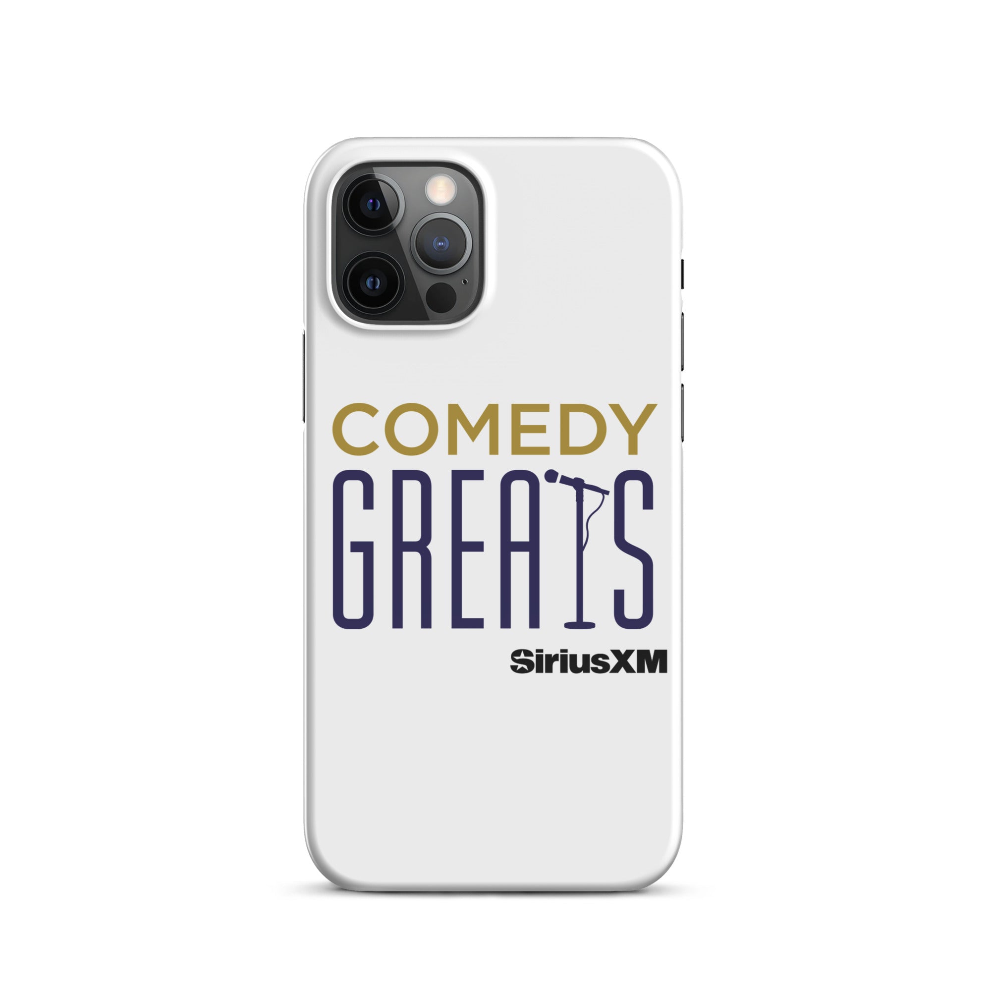 White phone case featuring the text 'COMEDY GREATS' and the 'SiriusXM' logo.