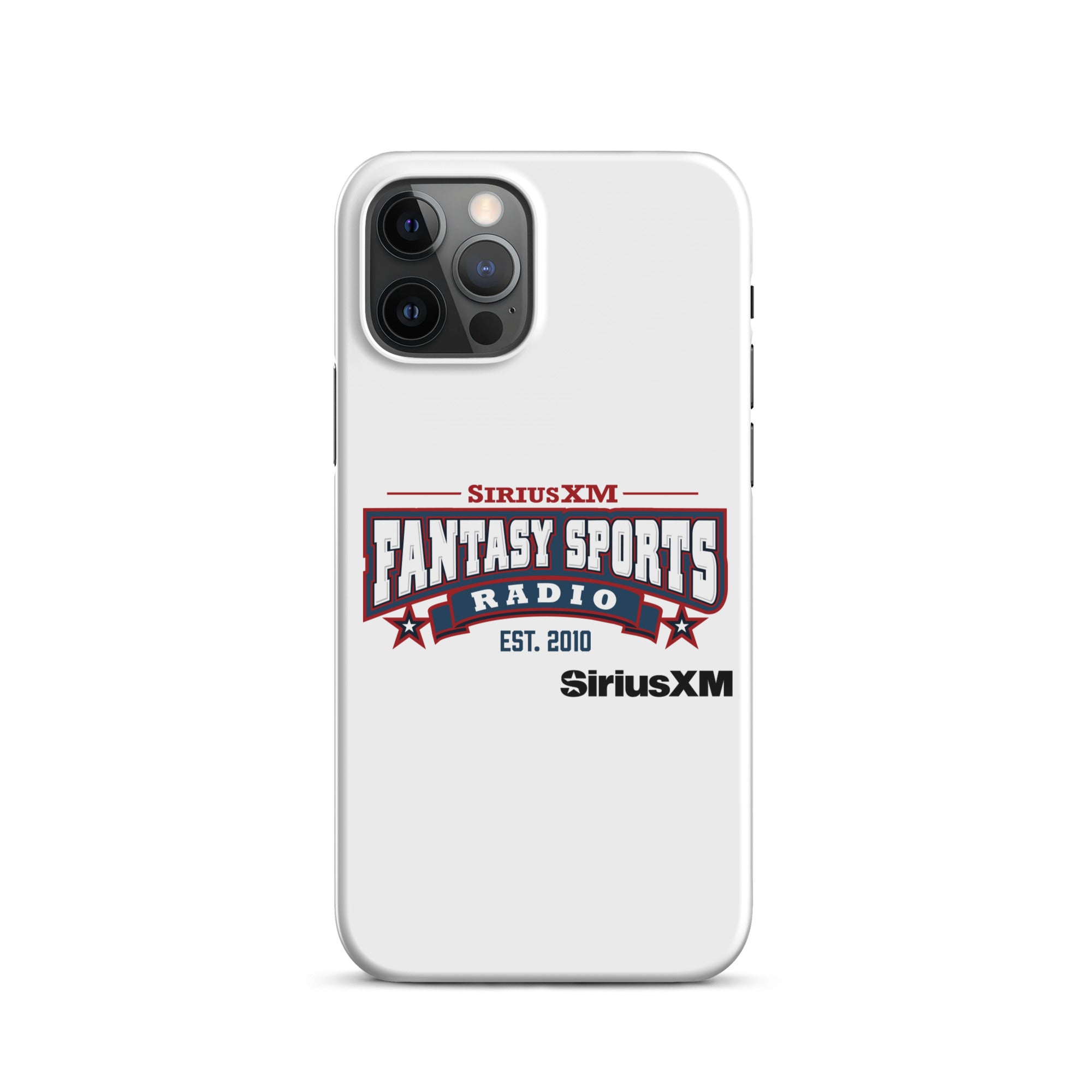 White phone case featuring the 'SiriusXM Fantasy Sports Radio Established 2010' logo with stars, banners and black 'SiriusXM' branding underneath.