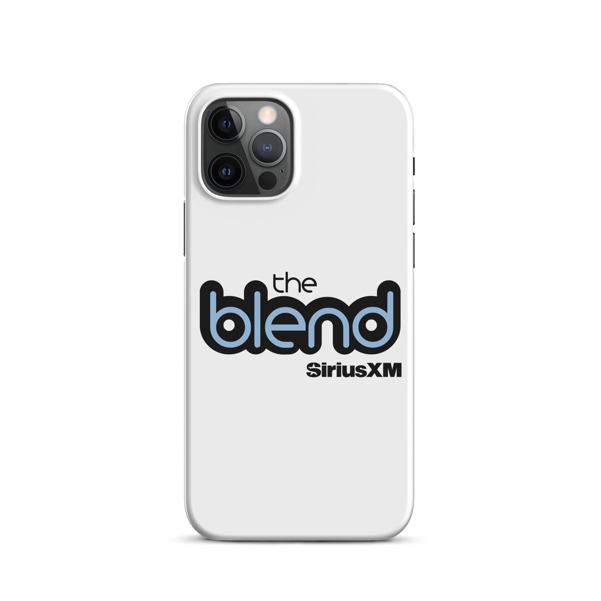 White phone case featuring the logo 'the blend' in black and blue and the 'SiriusXM' logo.