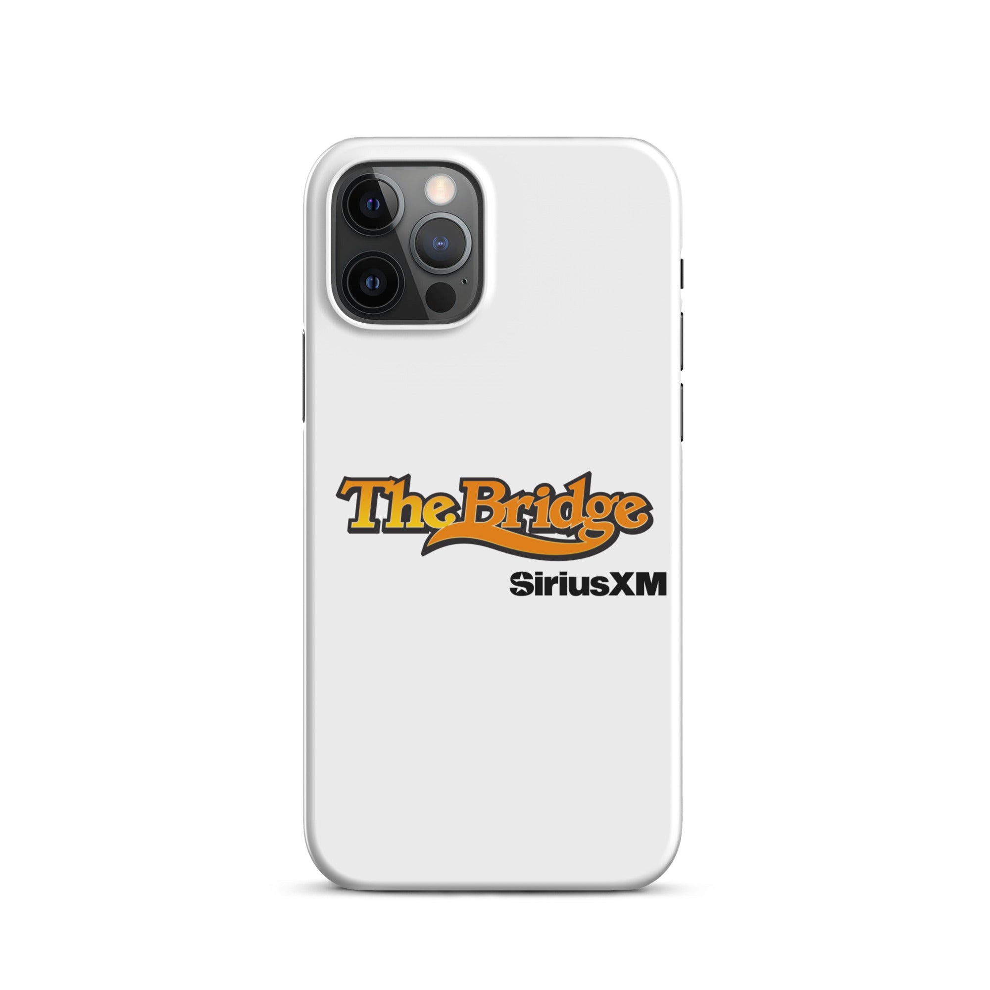 White phone case featuring the logos for 'The Bridge' and 'SiriusXM.'