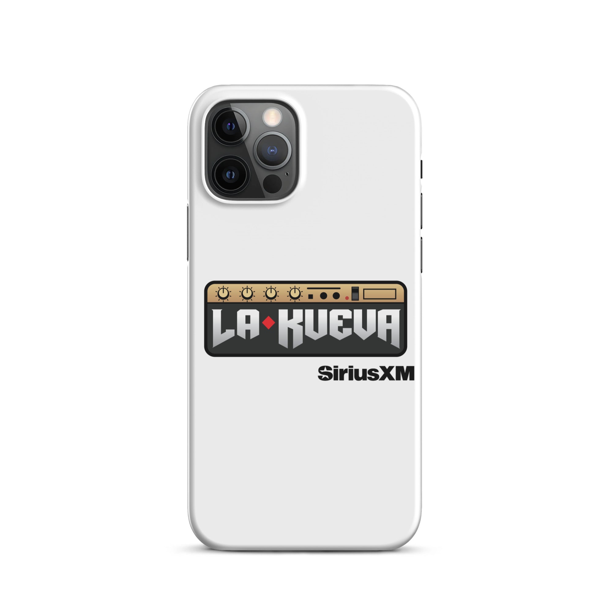 White phone case featuring 'LA KUEVA' and 'SiriusXM' logo with a graphic design resembling a sound mixer.