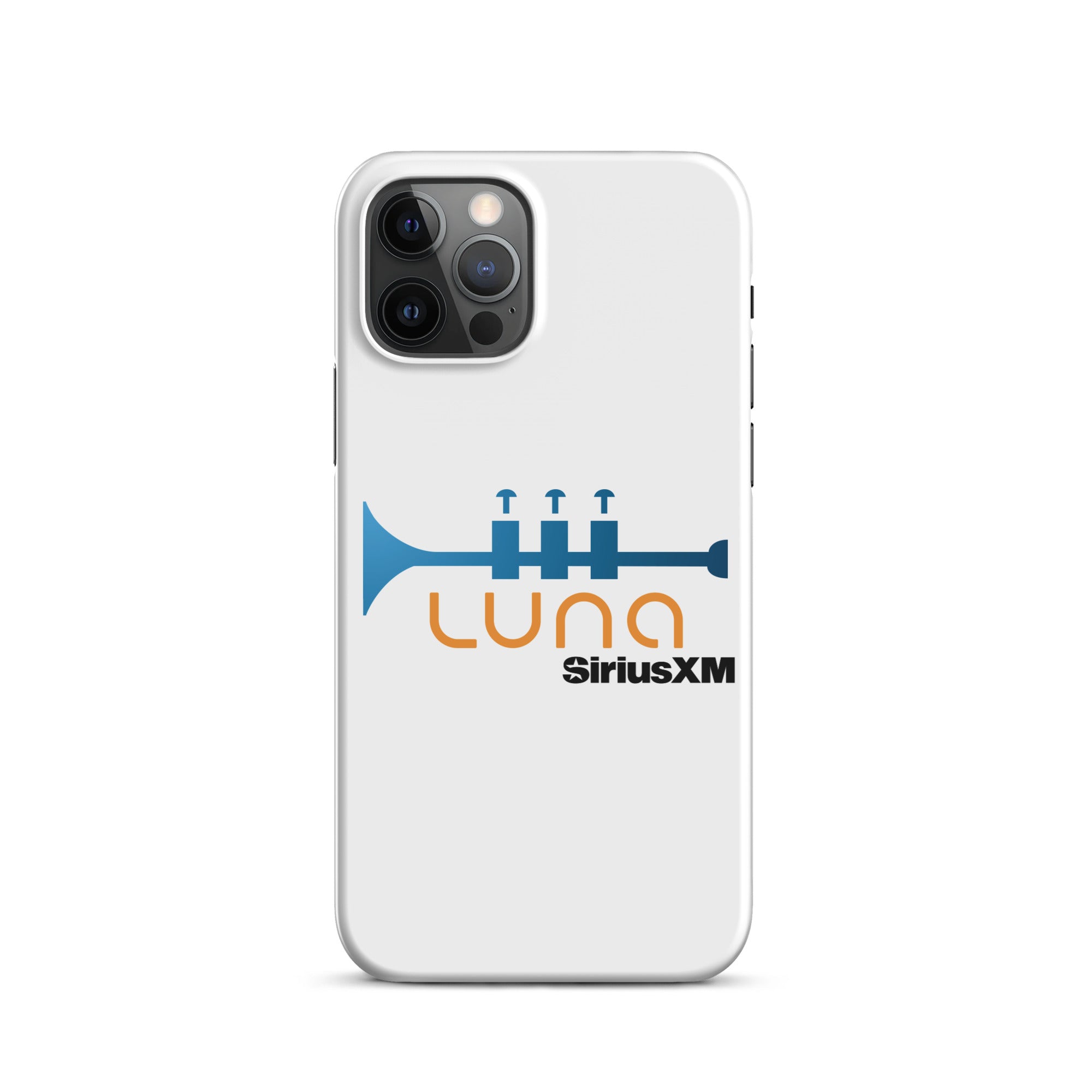 White phone case featuring a blue trumpet graphic in the orange 'LUNA' logo and 'SiriusXM' branding.