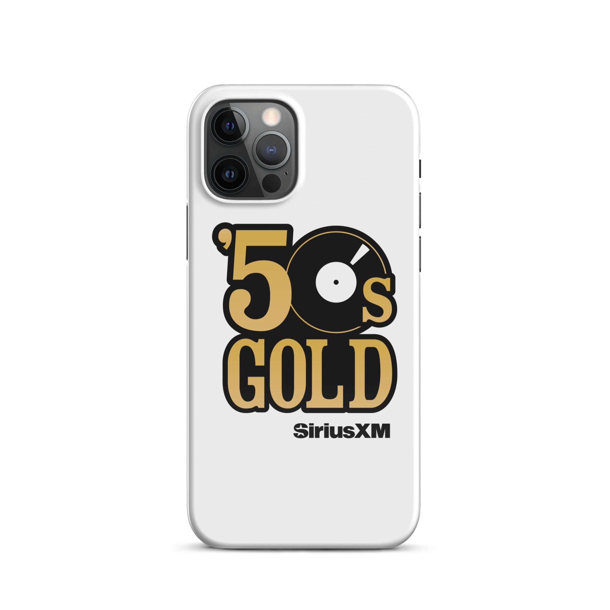 White phone case featuring '50s GOLD' logo with a record icon and 'SiriusXM' branding.