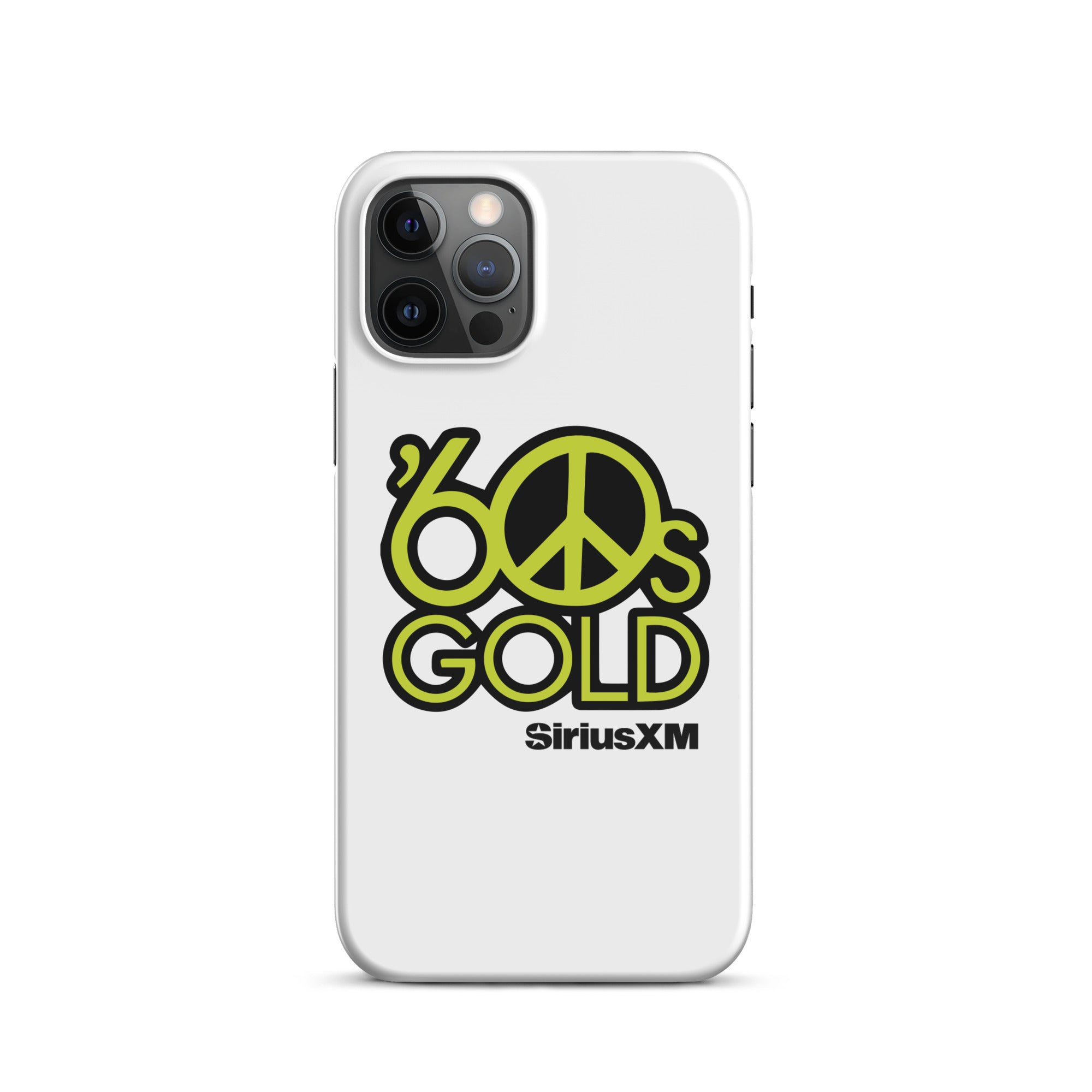 White phone case featuring '60s Gold' logo and peace sign in green, with 'SiriusXM' branding.