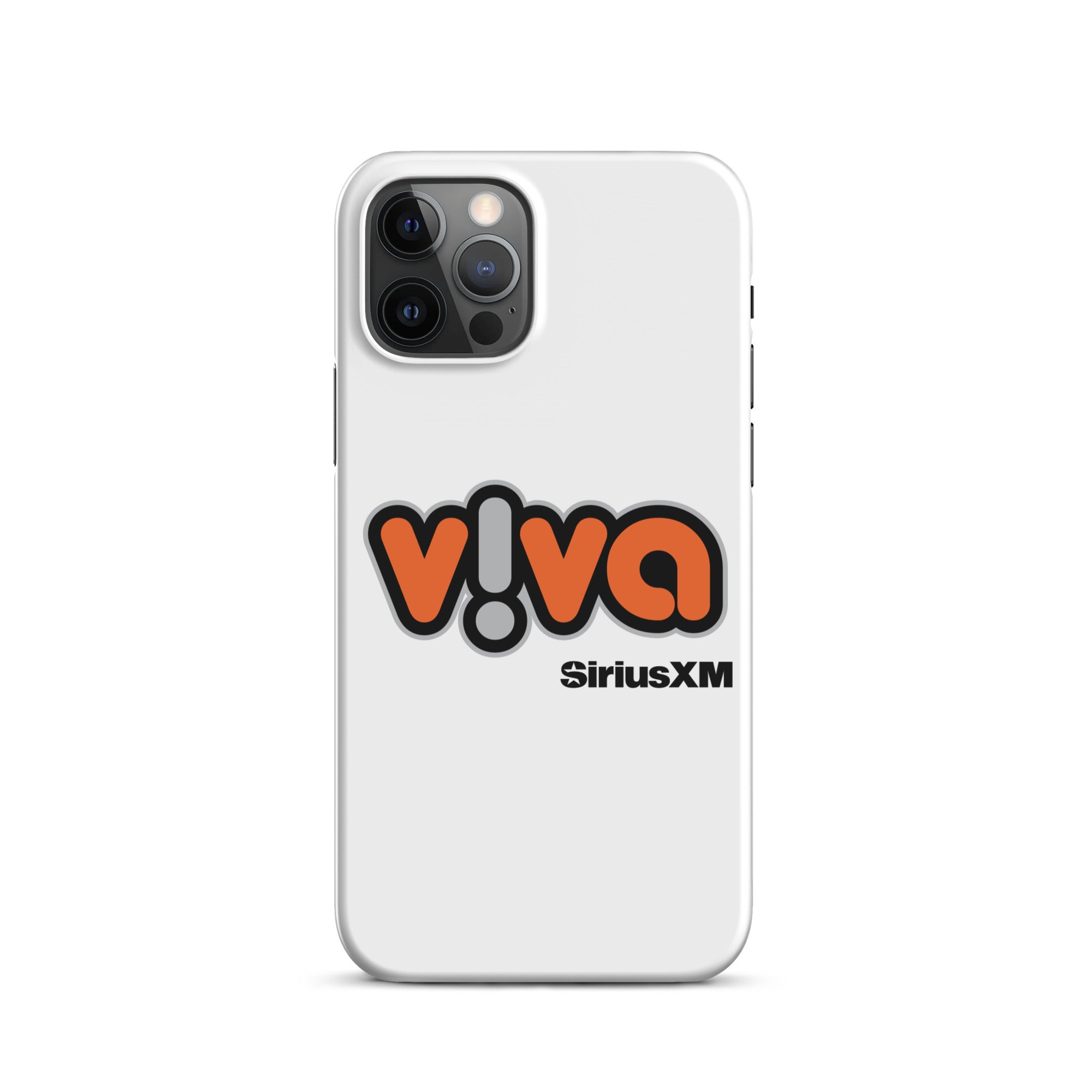 White phone case featuring the 'v!va' logo with 'SiriusXM' branding.