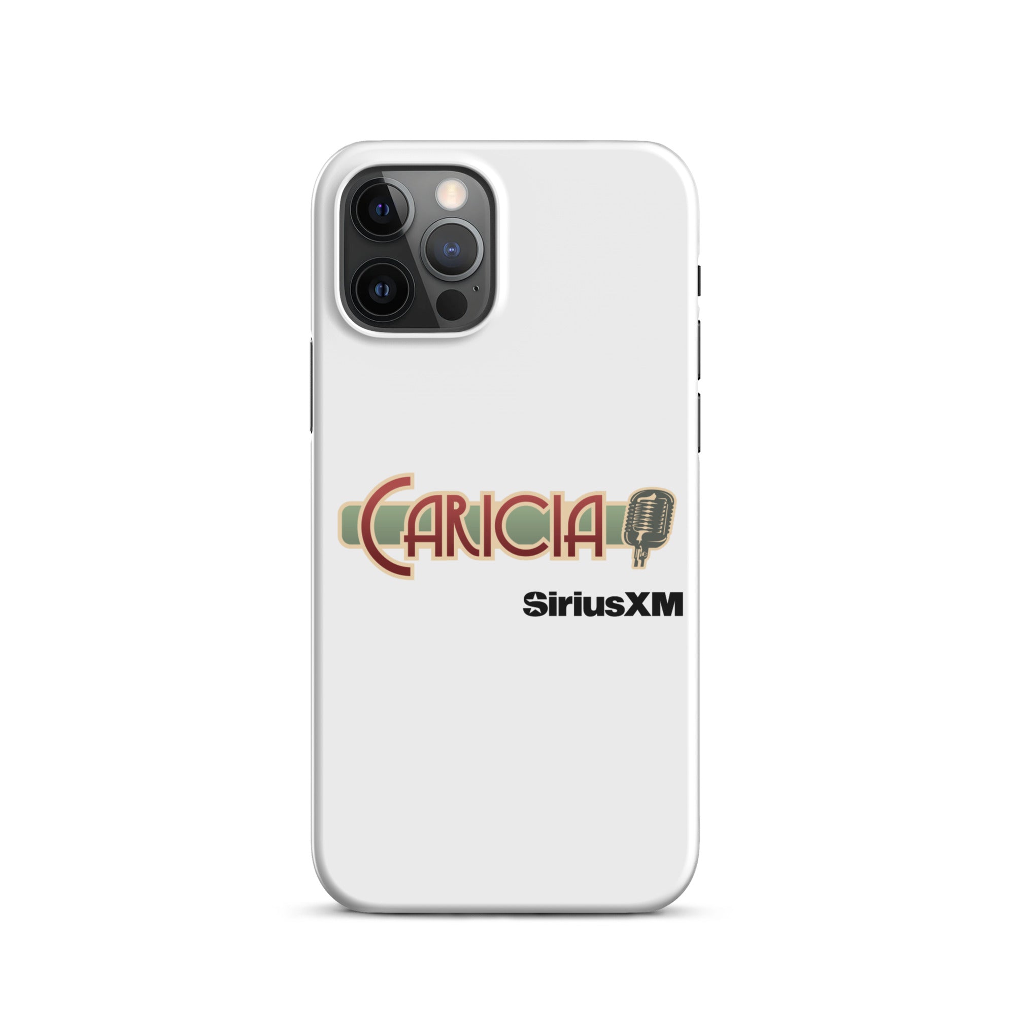 White phone case with a logo of 'Caricia' with a microphone icon and 'SiriusXM' branding.