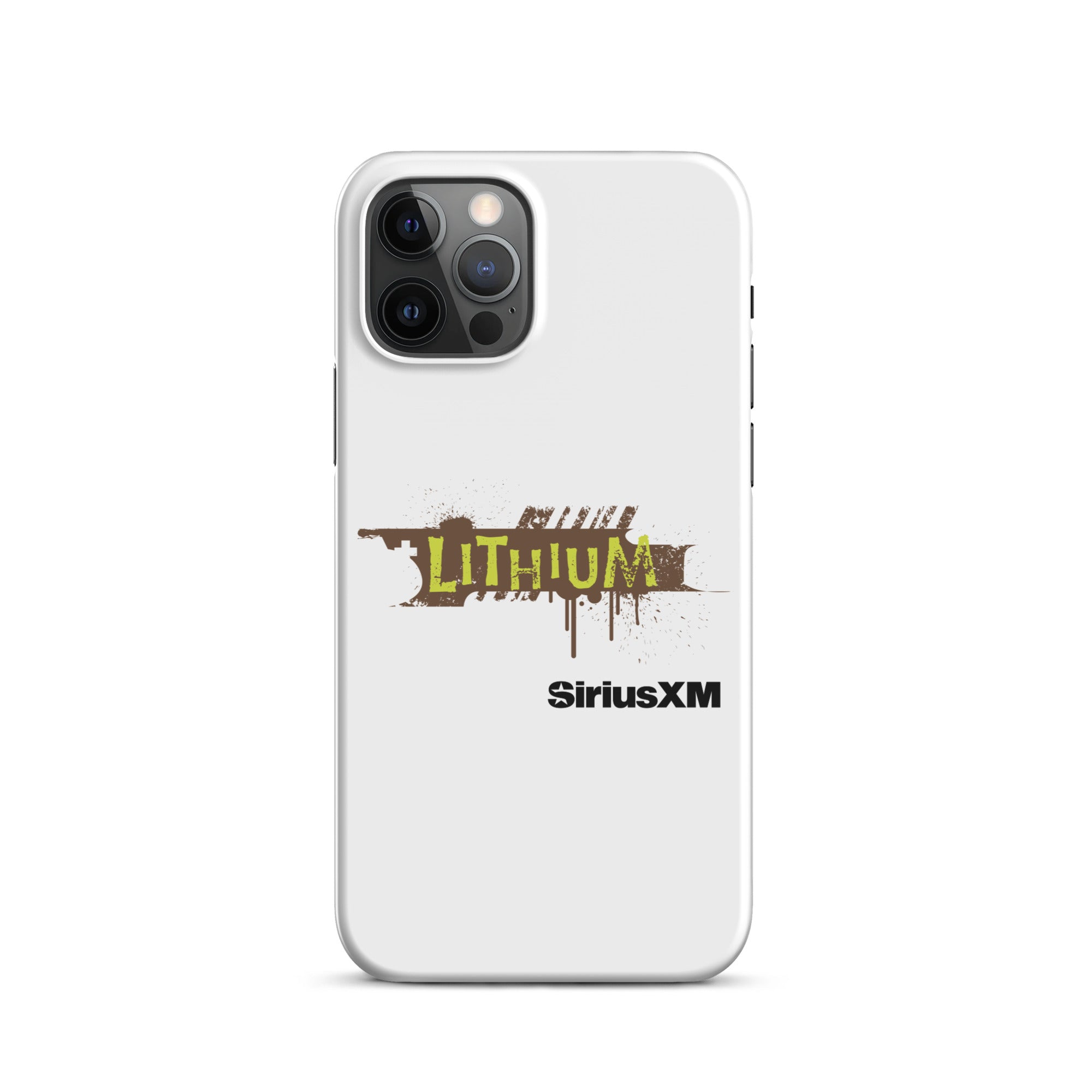 A white phone case featuring the 'LITHIUM' logo in green and brown, with 'SiriusXM' below it.