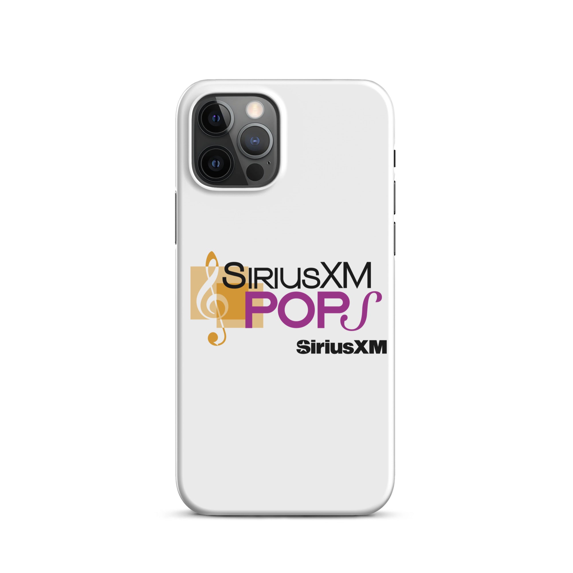 A white phone case featuring the 'SiriusXM POPS' logo in purple with a gold musical note design and 'SiriusXM' branding.