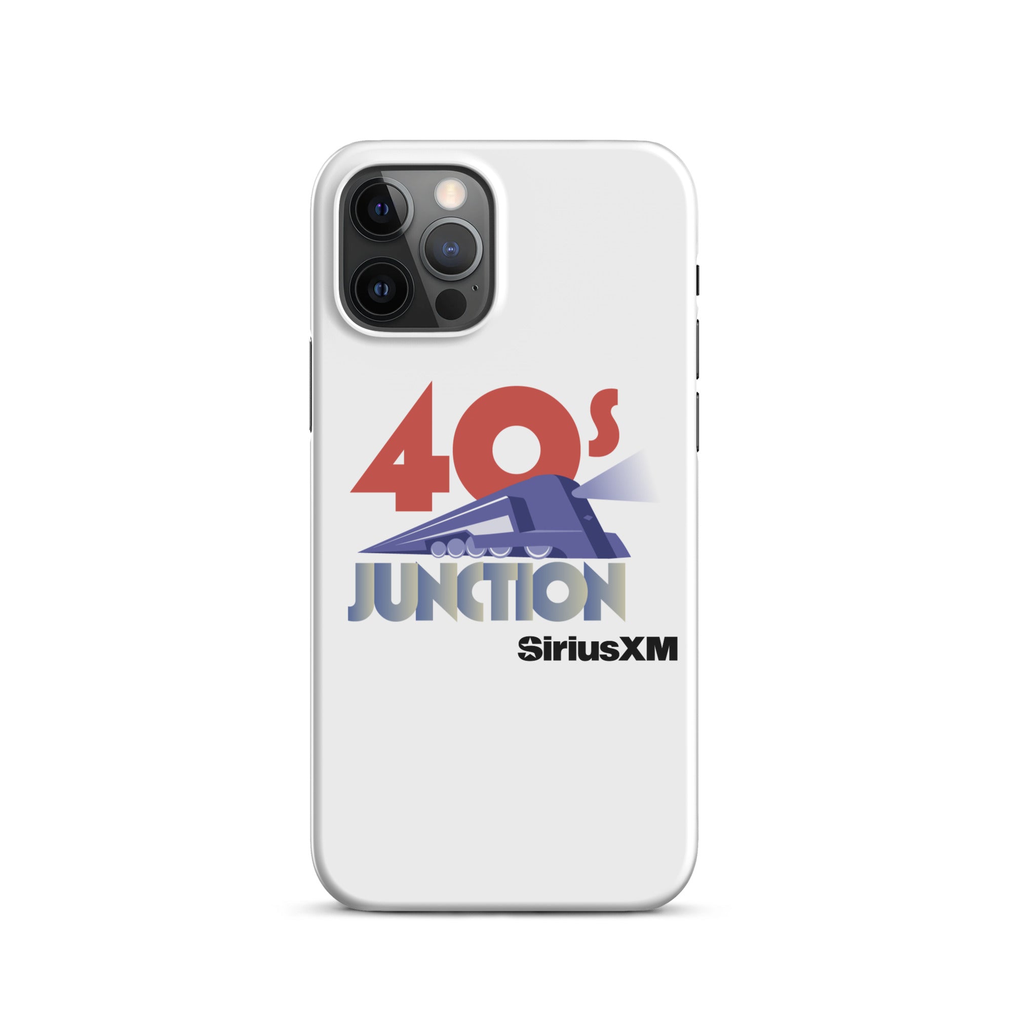 White phone case featuring the text '40s Junction' and a blue train graphic, with 'SiriusXM' logo below.