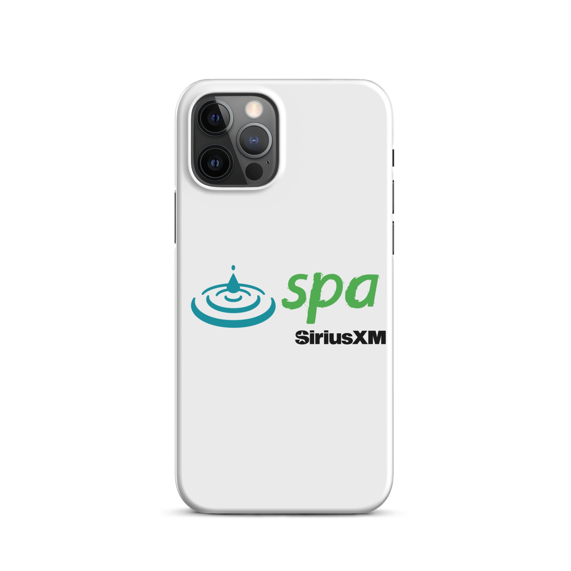 A white phone case featuring the 'spa' logo with a water droplet and ripple design and 'SiriusXM' branding underneath.