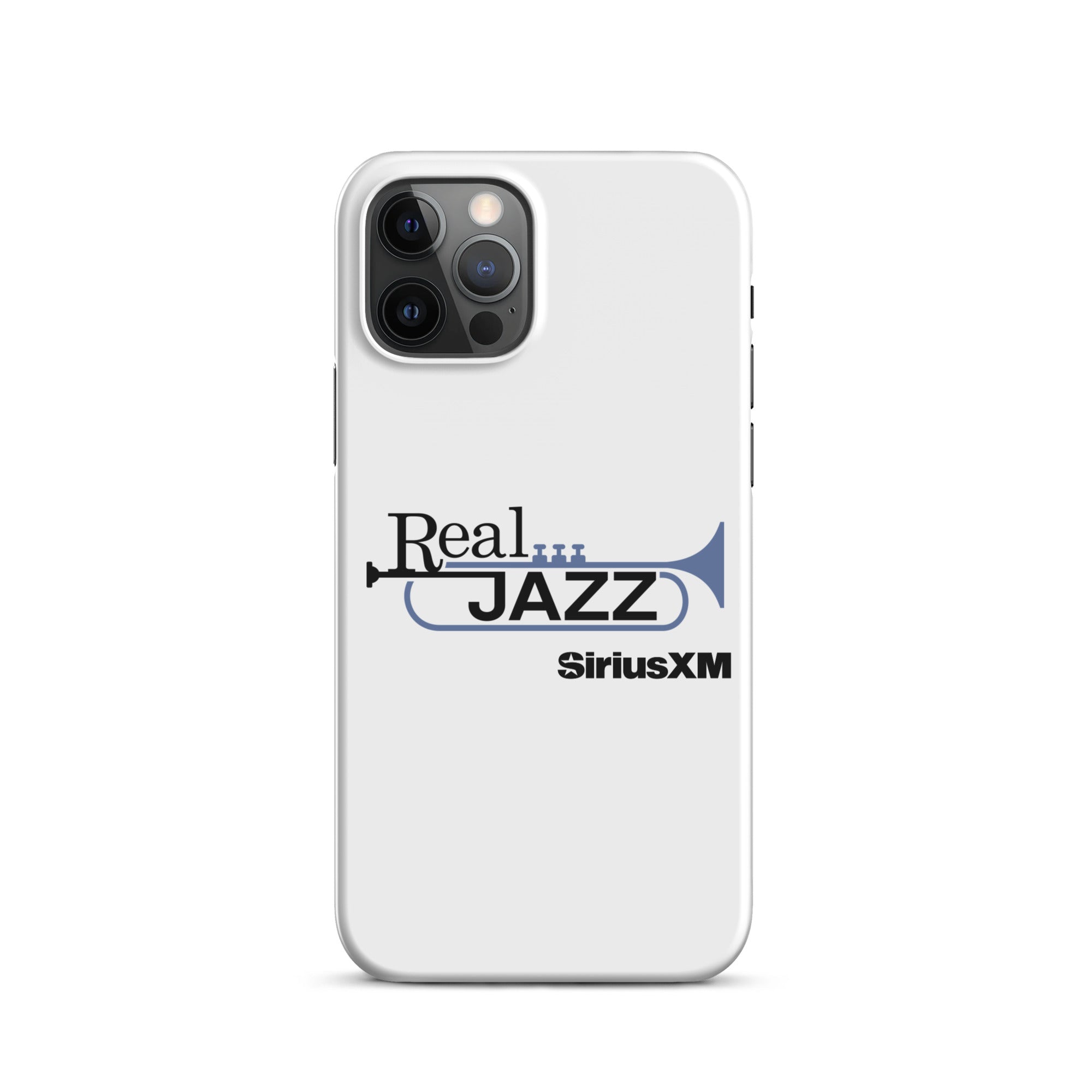 White phone case with 'Real Jazz' text and trumpet logo, featuring 'SiriusXM' branding.