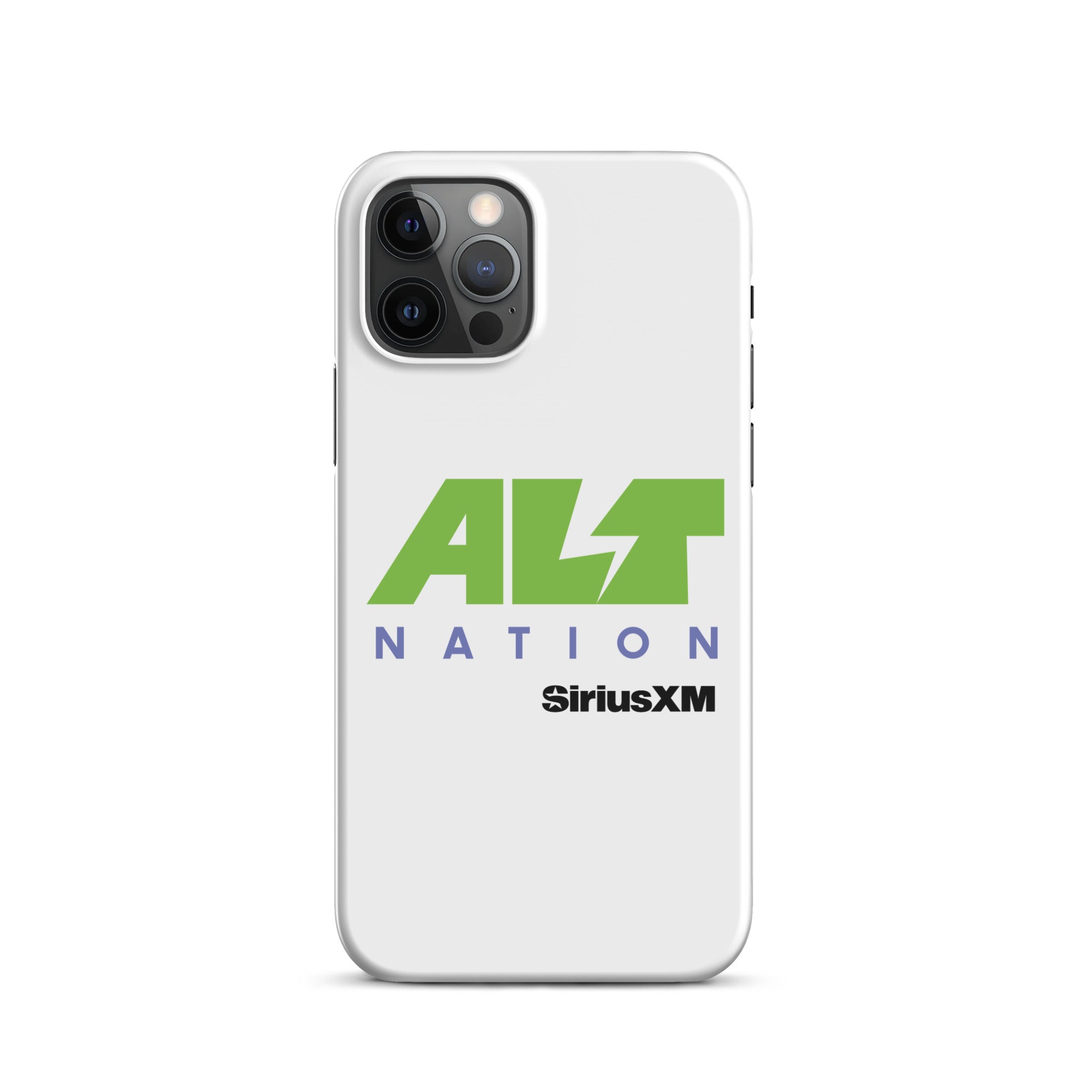 White phone case featuring the 'ALT NATION' logo in green and blue, alongside the 'SiriusXM' logo.