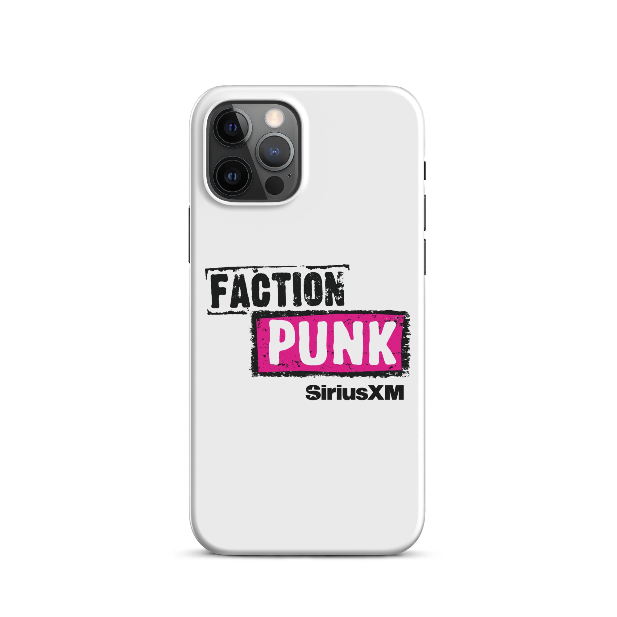 White phone case featuring 'FACTION PUNK' logo in pink and black with 'SiriusXM' branding below.