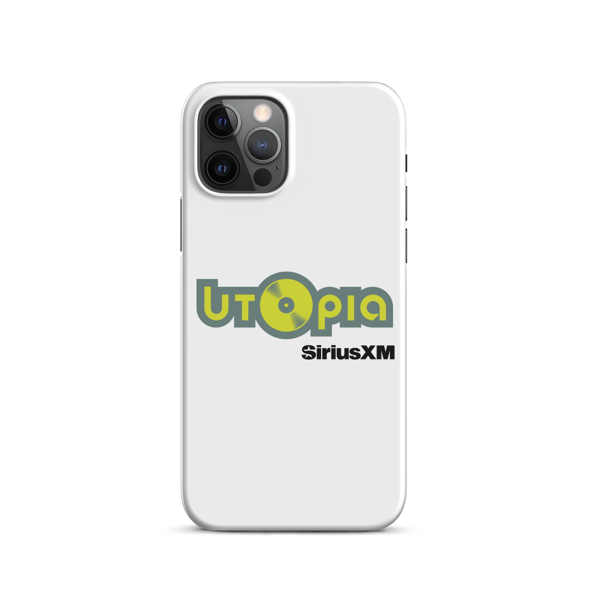 White phone case featuring the logo 'Utopia' with a vinyl record and 'SiriusXM' text.