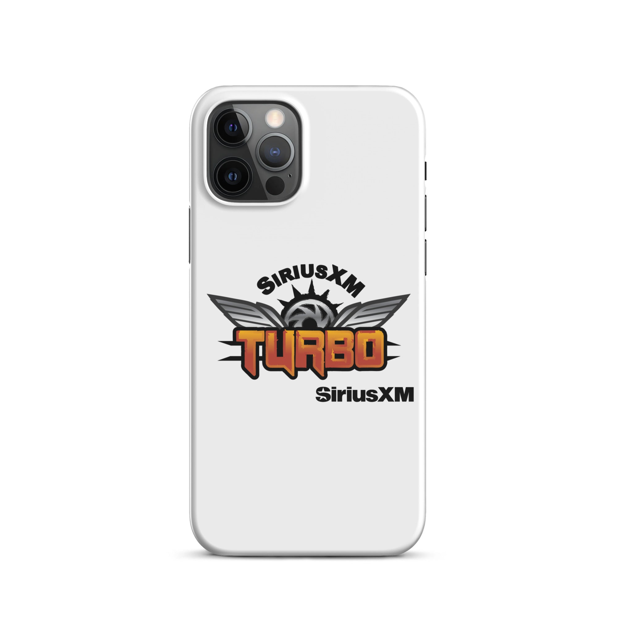 White phone case featuring the 'SiriusXM Turbo' logo in bold orange lettering with wings and 'SiriusXM' branding.