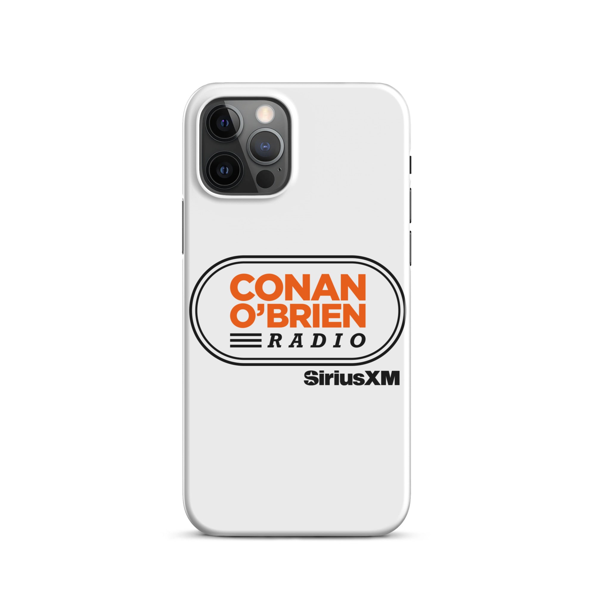 White phone case featuring 'Conan O'Brien Radio' logo and 'SiriusXM' branding.