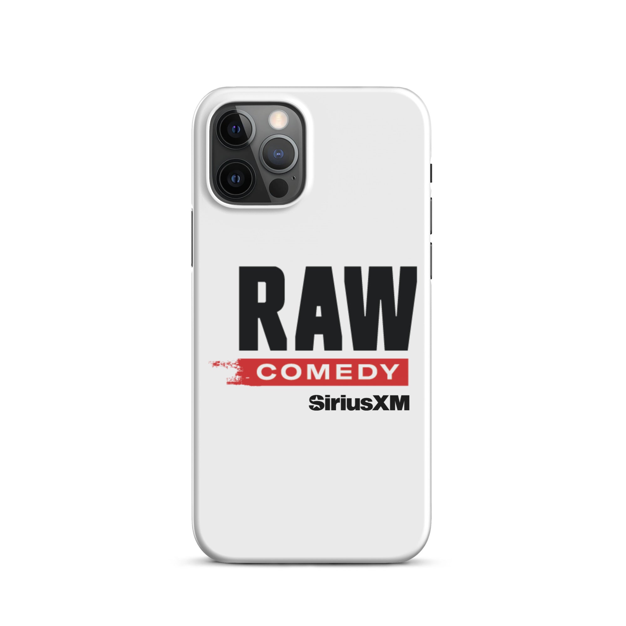 White phone case featuring the text 'RAW COMEDY' and the 'SiriusXM' logo.