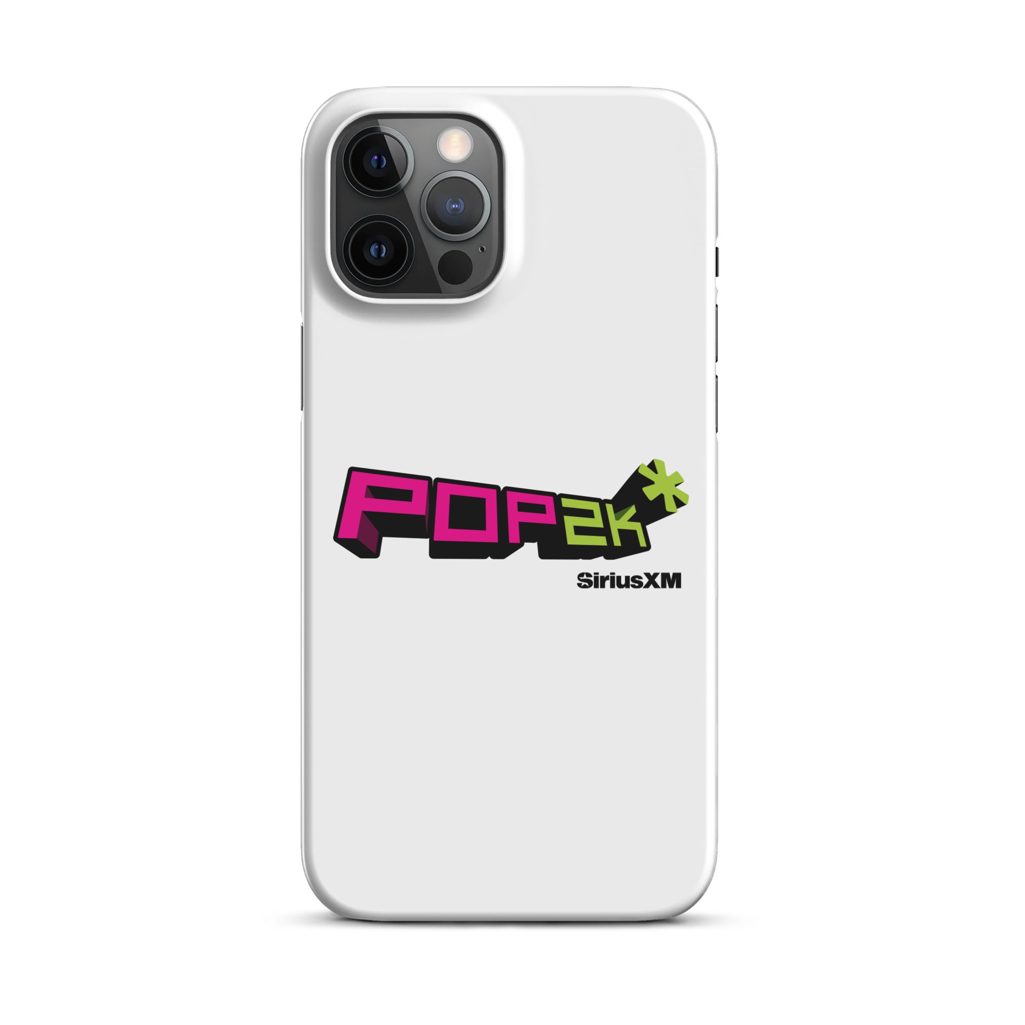 White phone case featuring the 'POP2K' logo in vibrant pink and green colors with 'SiriusXM' branding.