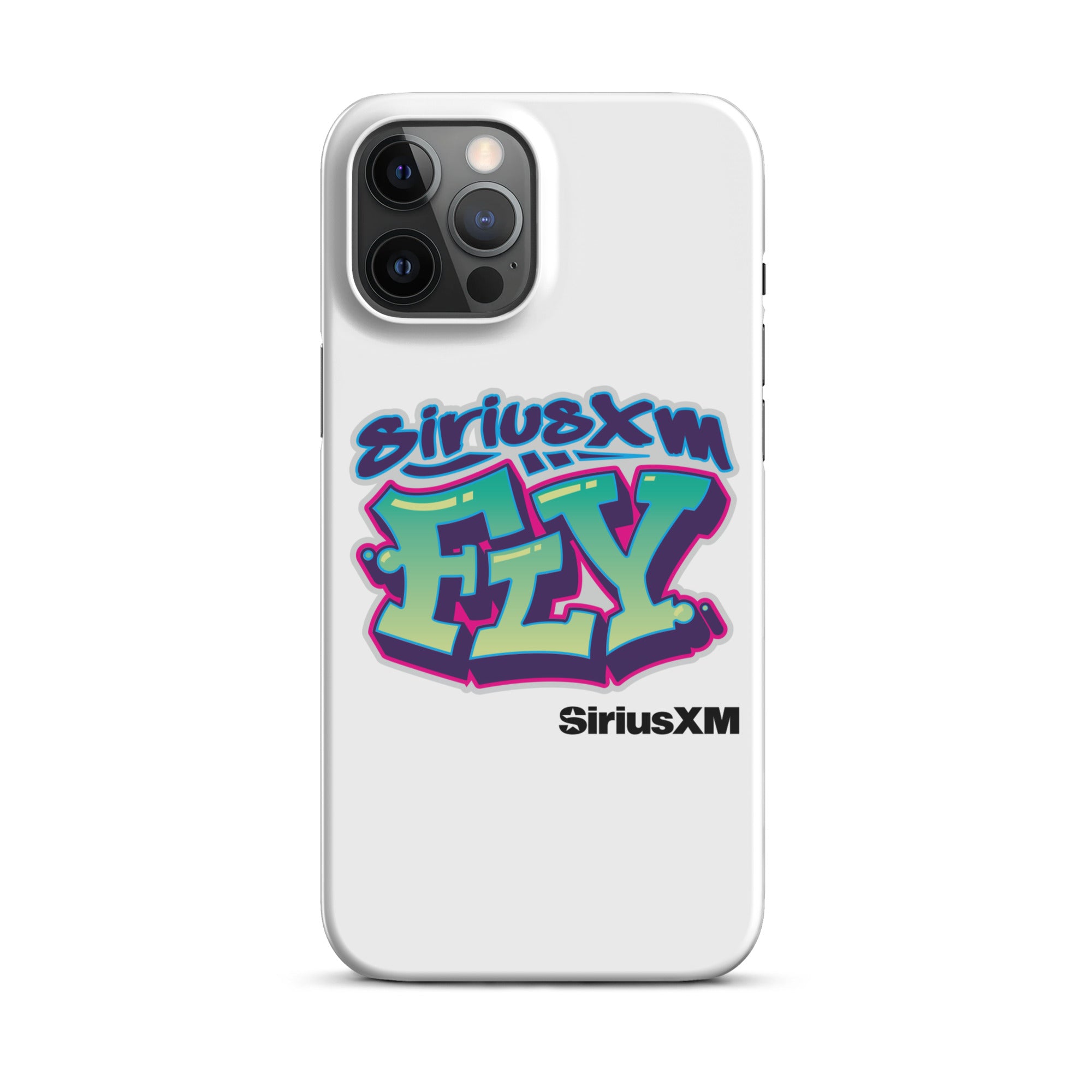 White phone case featuring colorful graffiti-style text: 'SiriusXM FLY' with 'SiriusXM' branding below.