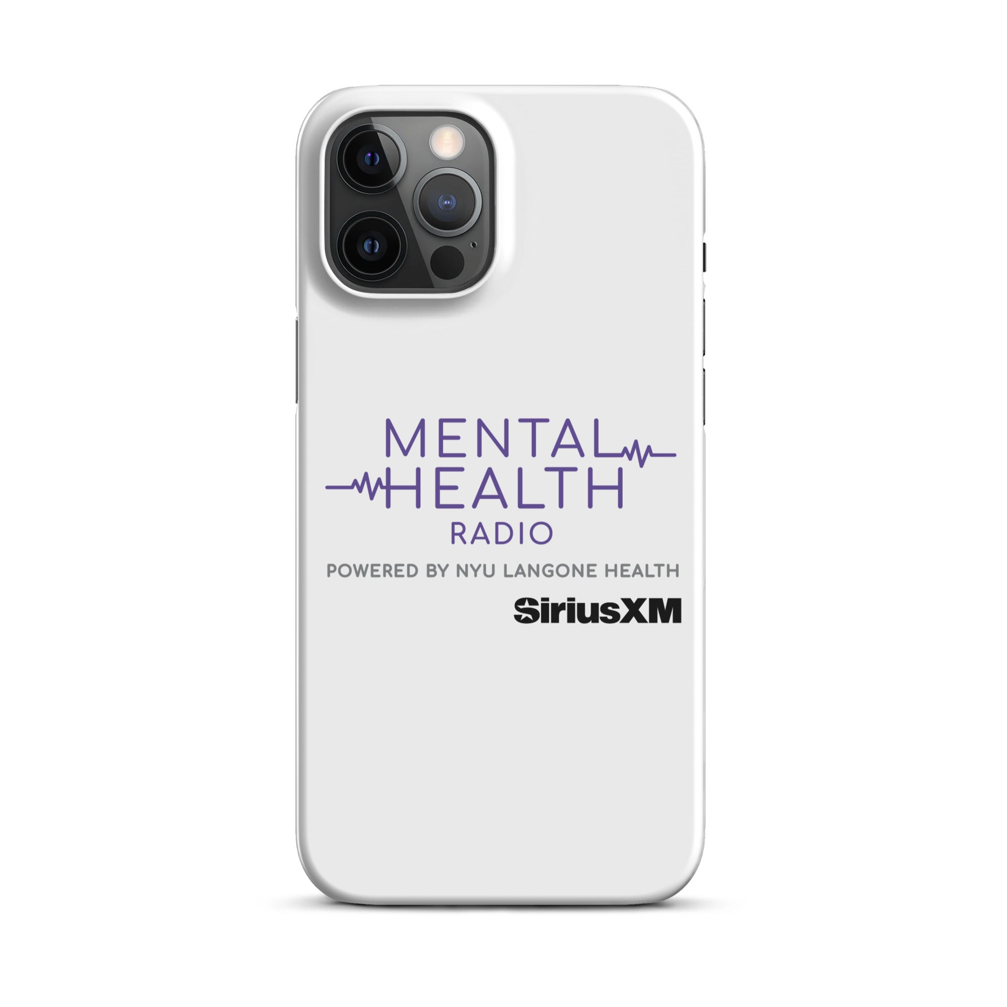 White phone case featuring 'Mental Health Radio powered by NYU Langone Health' logo and 'SiriusXM' branding.